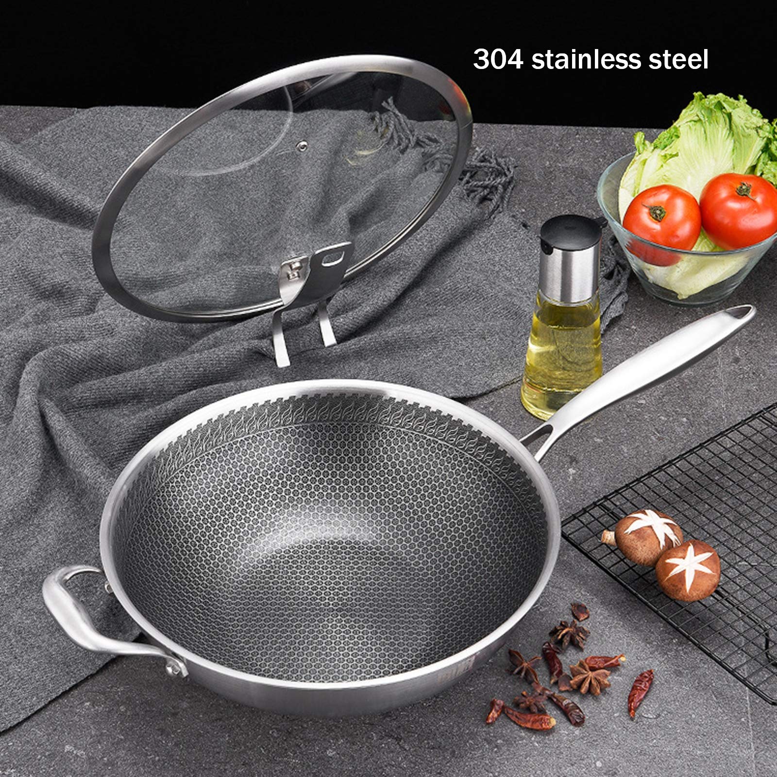 Wok De Acero Inoxidable Antiadherente con Diseño De Panal, Resistente A Rayones Y con Tapa De Vidrio Templado para Cocinas Eléctricas, De Inducción Y De Gas, 34 Cm(34 cm)