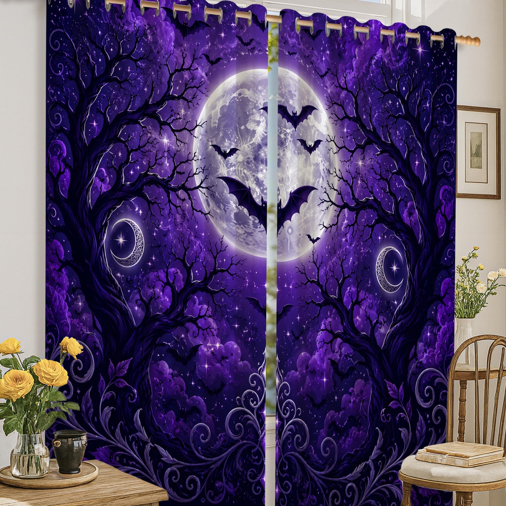 Rideaux occultants gothiques lune pour dormir dans le noir violet