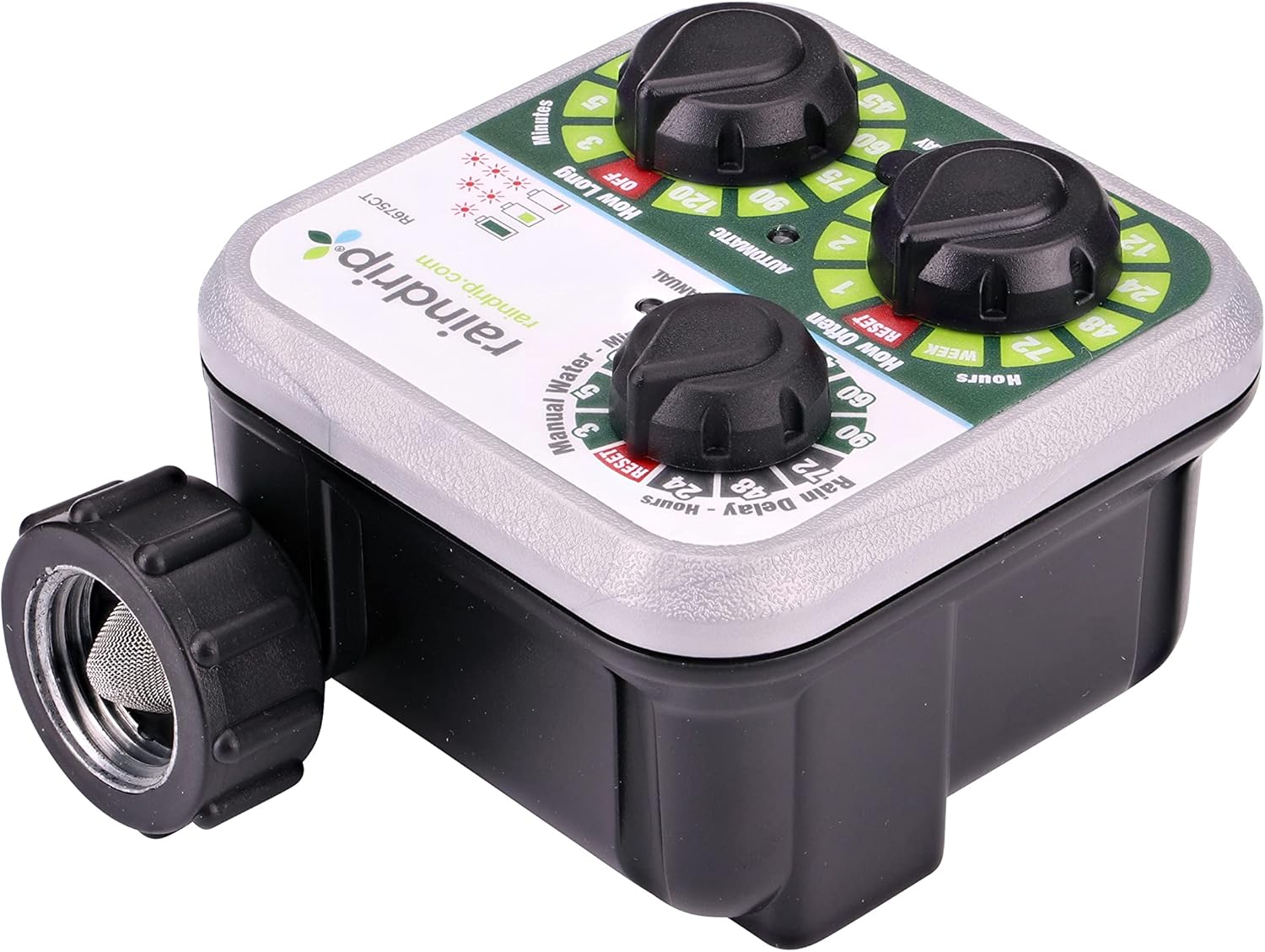 Тараф view of Raindrip R675CT timer showing inlet and outlet connections