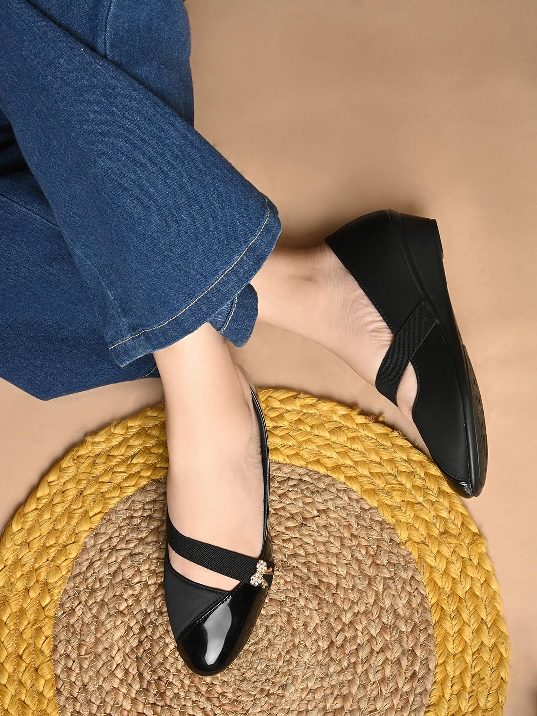XE Looks Women's Black Wedge Bellies | Glossy Finish with Elastic Strap & Bow Charm | Cushioned Footbed for Comfort | Anti-Skid Lightweight Design Bellies for Girls & Women 3
