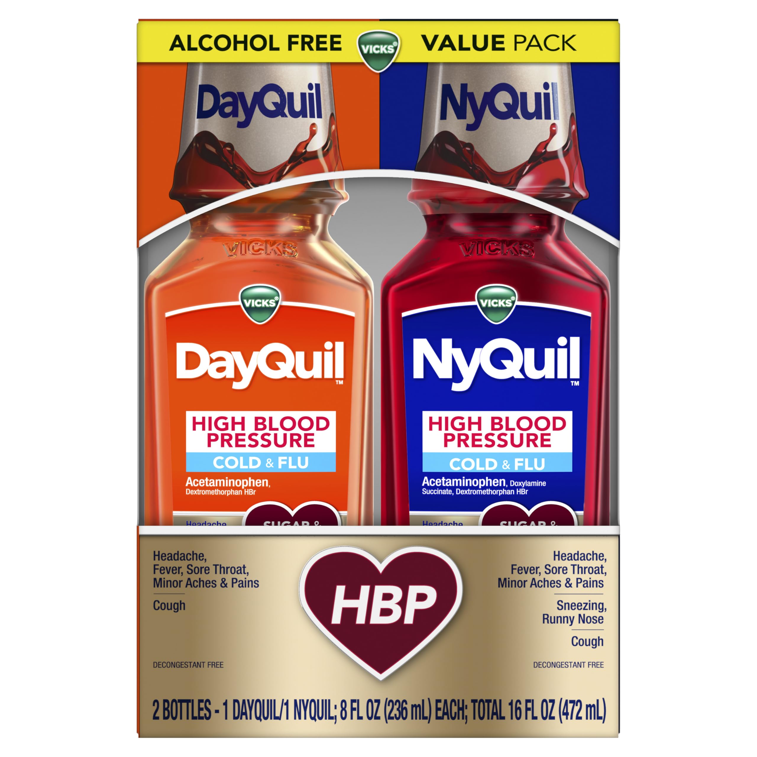 DayQuil & NyQuil High Blood Pressure Cold & Flu Relief Liquid Medicine Co-Pack, Powerful Multi-Symptom Daytime & Nighttime Relief for Cold, Cough, and Flu Symptoms, Sugar & Alcohol Free, 2x8oz