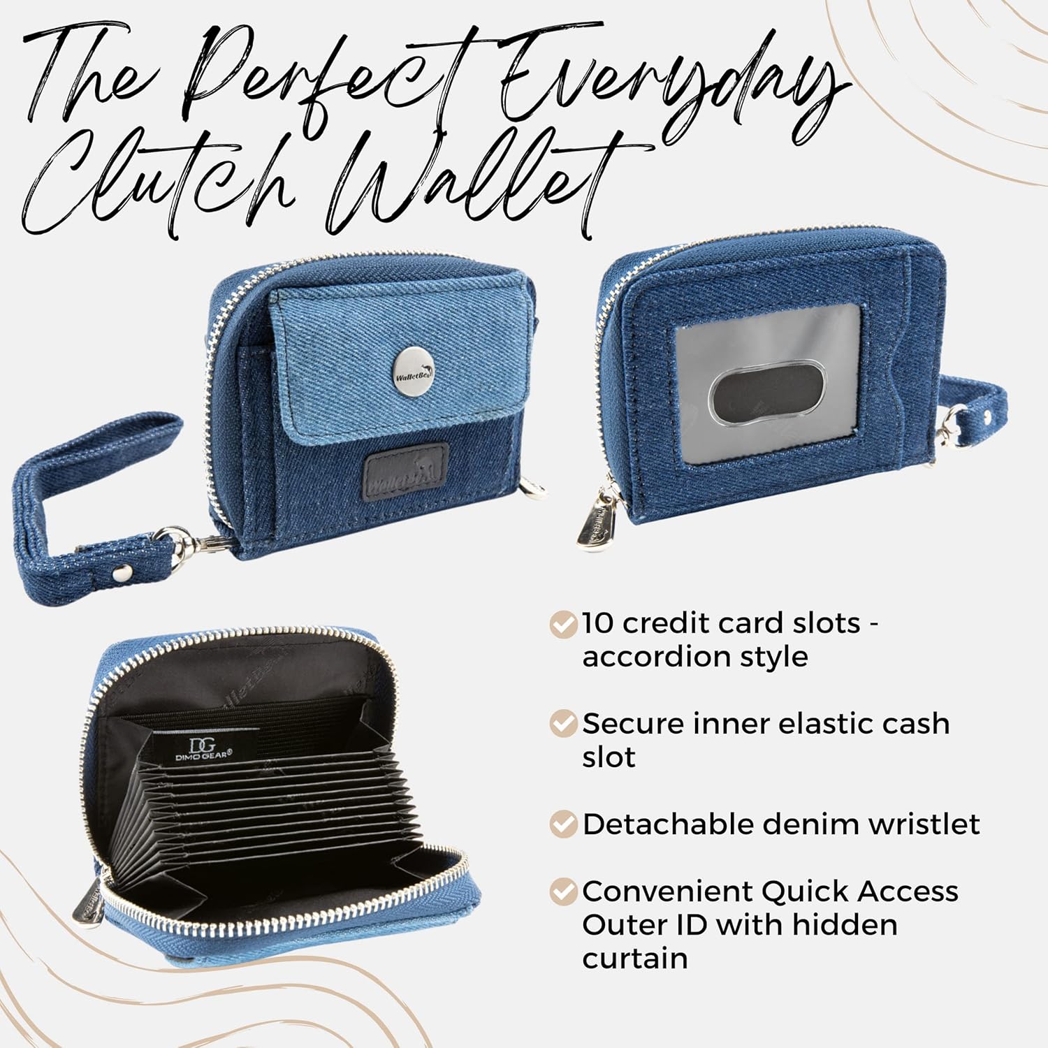 Women's Wallet RFID Cash Card Coin Accordion Clutch with Wristlet Blue Denim
