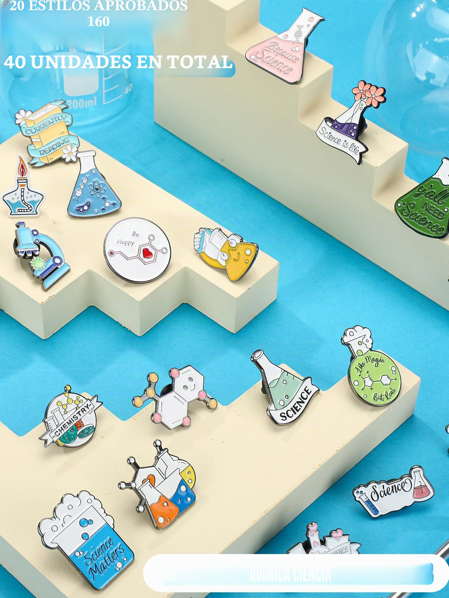 40 piezas de pines de esmalte de ciencia para broche de ciencia a granel, lindos pines de dibujos animados kawaii de científico, pin de solapa para laboratorio de química, para la vuelta al cole, para