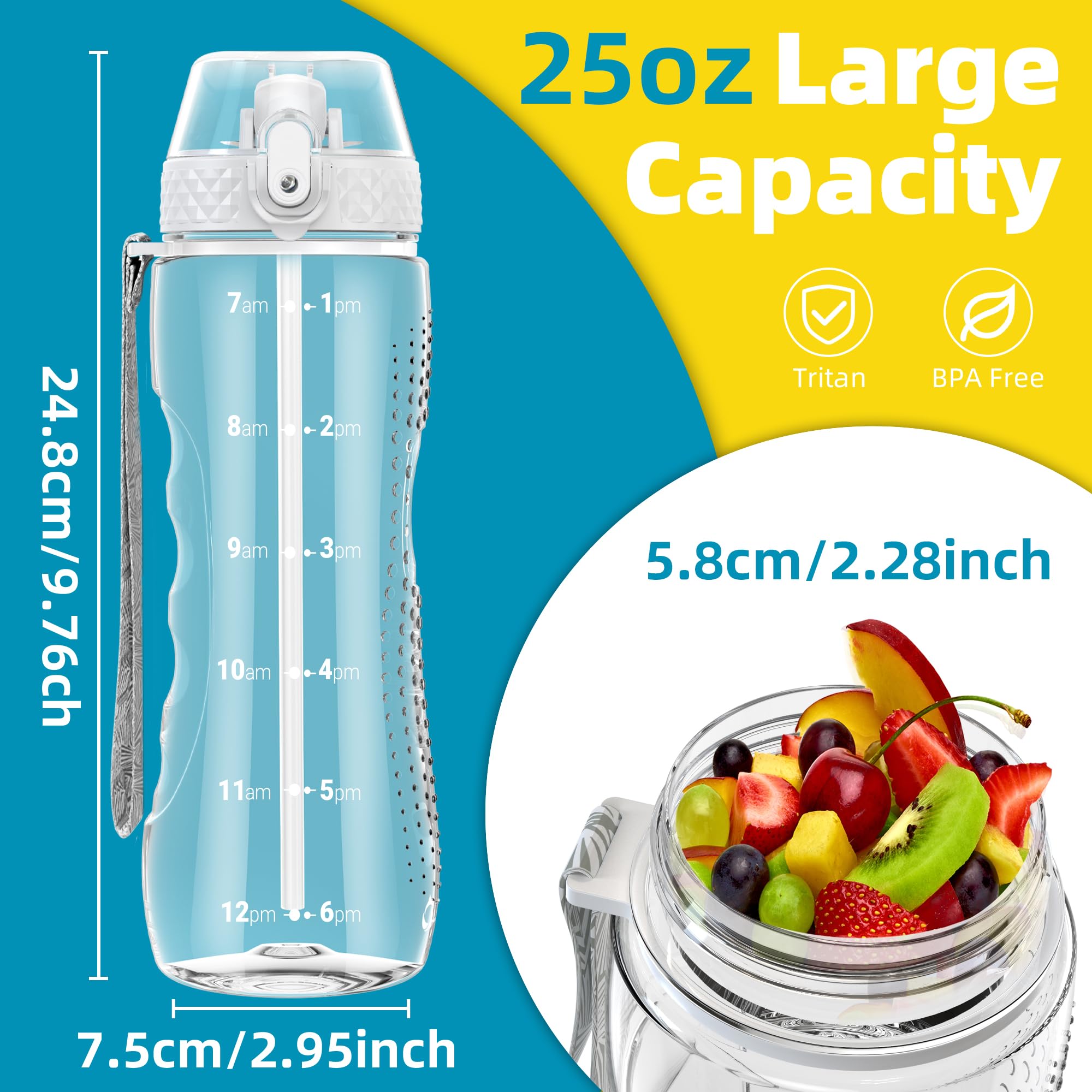 OLDLEY 750ml/25oz Water Bottles with Straw Leakproof Kids Water Bottles for School Plastic Tritan Drink Bottles Hydrate Sports Bottles BPA Free Time Markings Gym Bottles for Women Men(Transparent) - Image 4