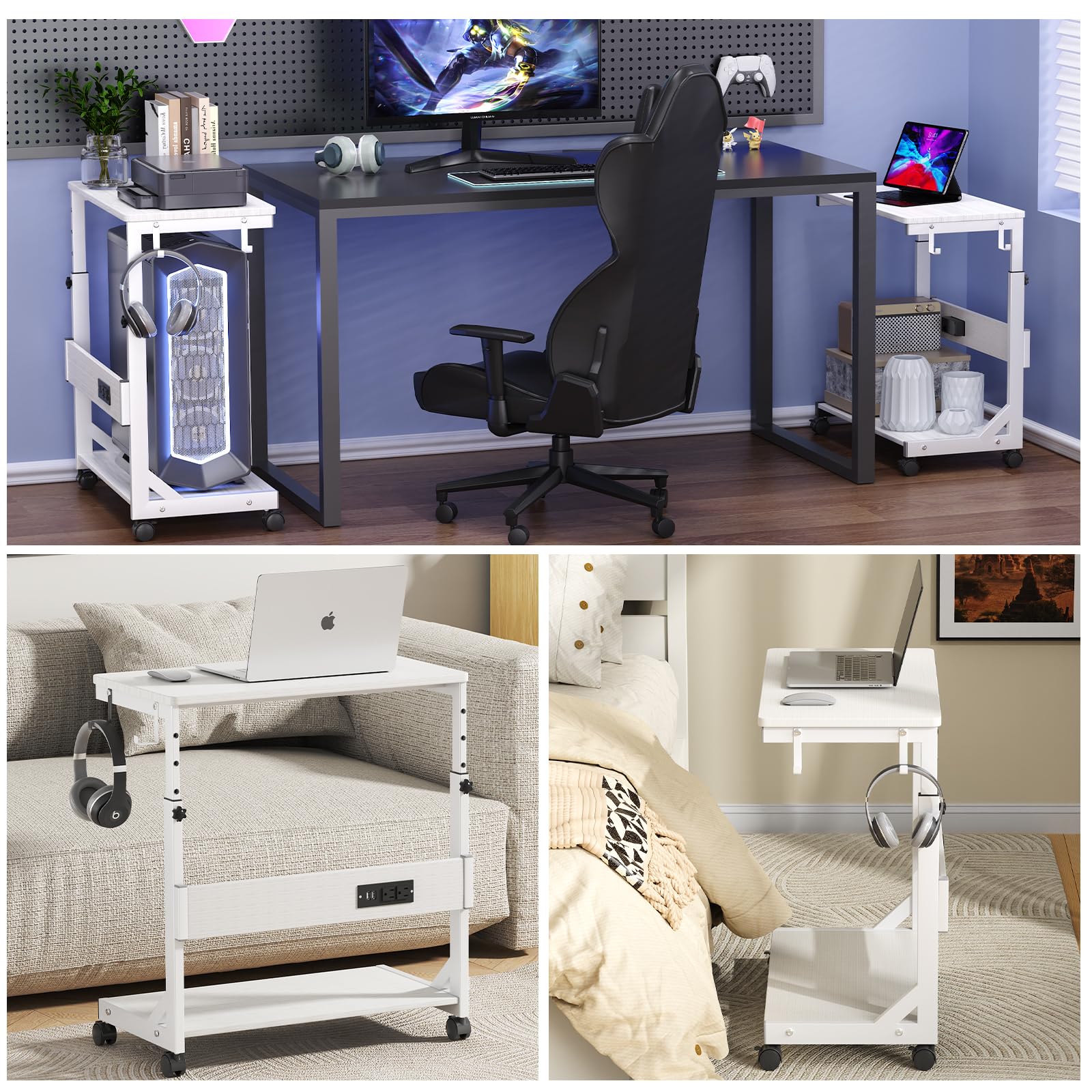 Height Adjustable Computer Tower Stand with Charge Station and USB Charging Port 2-Tier ATX-Case Cart Under Desk Mobile — view 8