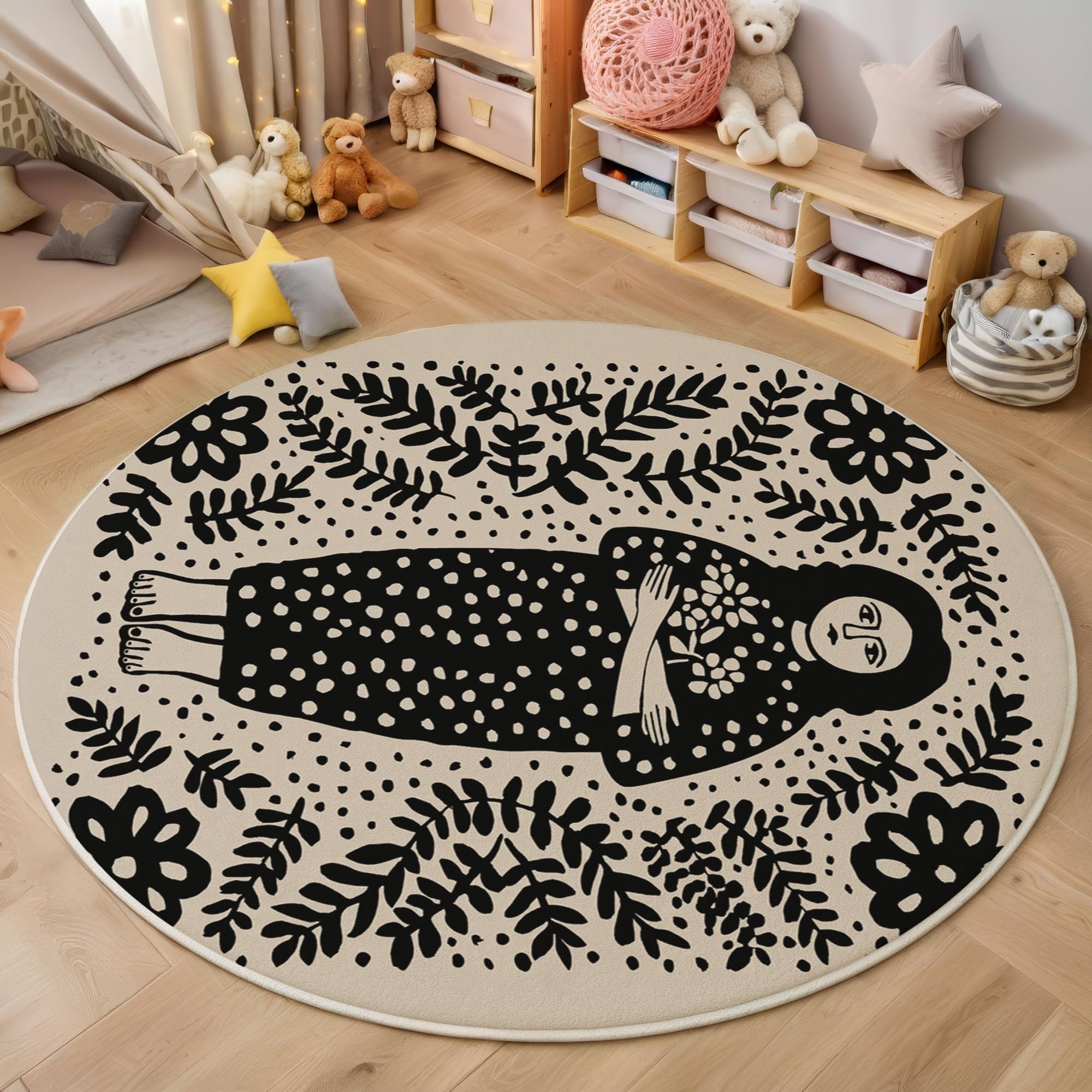 Tapis doux machine antidérapant rond de 120cm de diamètre motif ethnique coloré