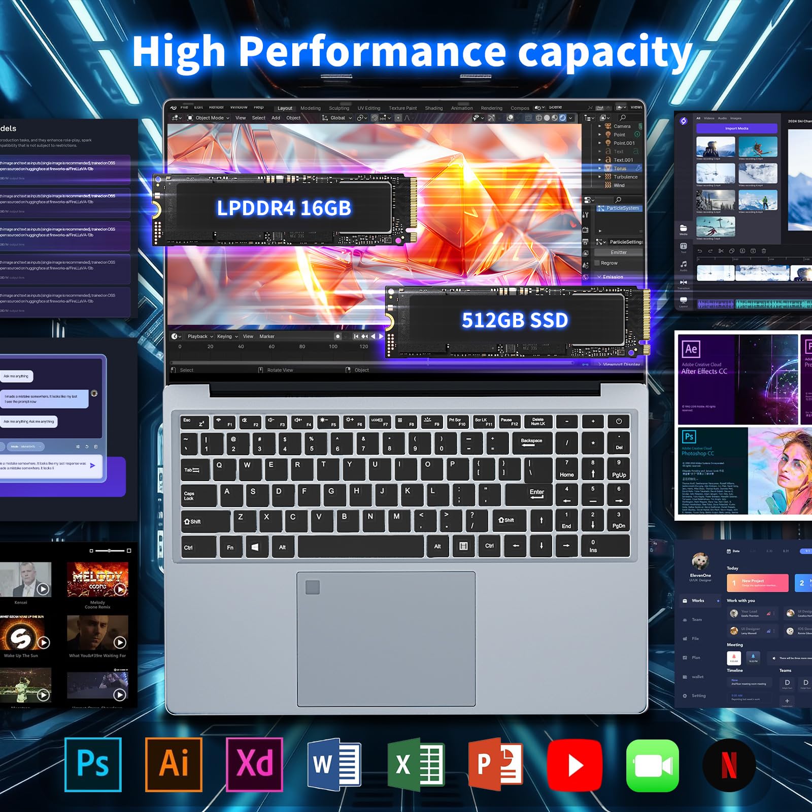 PC Portatile 16 Pollici, Notebook Celeron N100 CPU, Notebook 16GB RAM 512GB SSD, Laptop Sblocco 1920 * 1080 IPS Full HD Schermo, Tastiera Retroilluminata, 6000mAh Battery, BT5.0+Mini HDMI