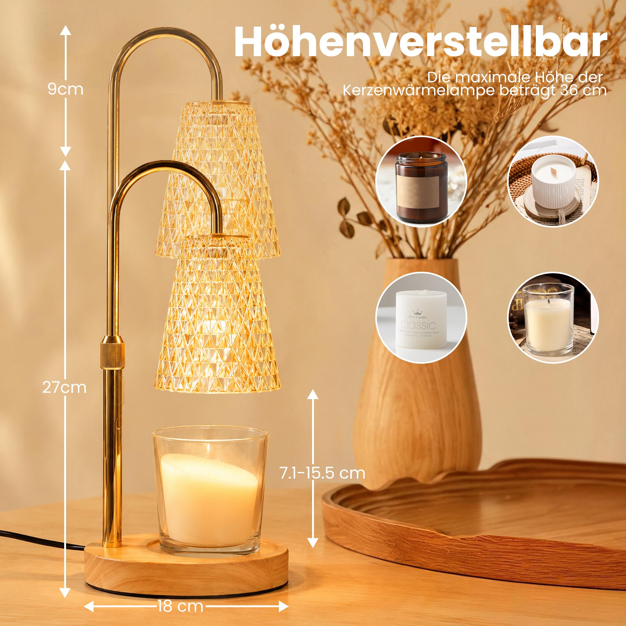 Kerzenwärmer Lampe, Candle Warmer lamp mit Timer und Dimmer, Höhenverstellbar Kerzenwärmer Kerzen Lampe mit 2 Glühbirnen für Duftkerzen im Glas, Dekoration Geschenk
