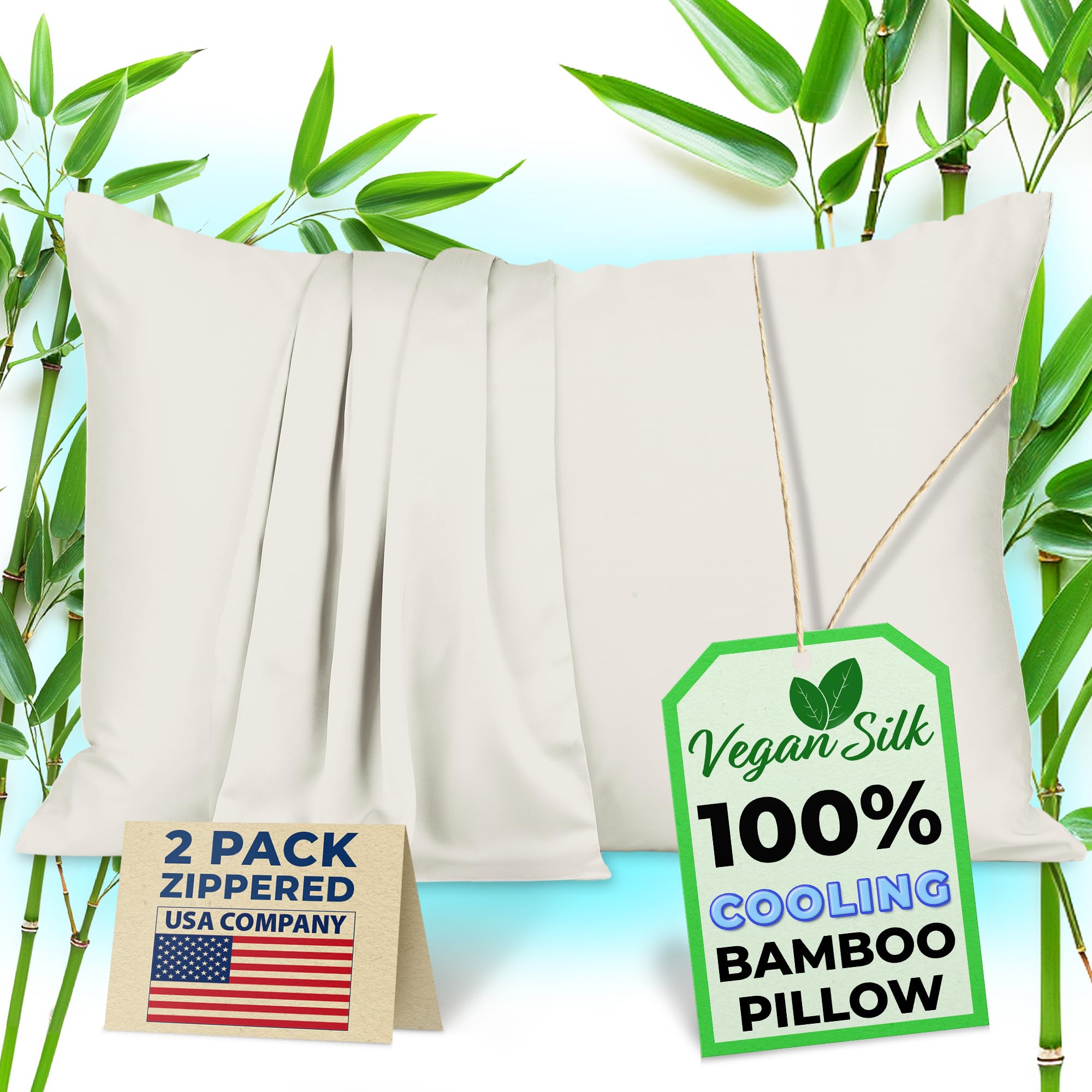 Cooling Pillow Cases King - 100% Viscose Bamboo Set of 2 Zippered for Hot Sleepers, Soft Cool Cases