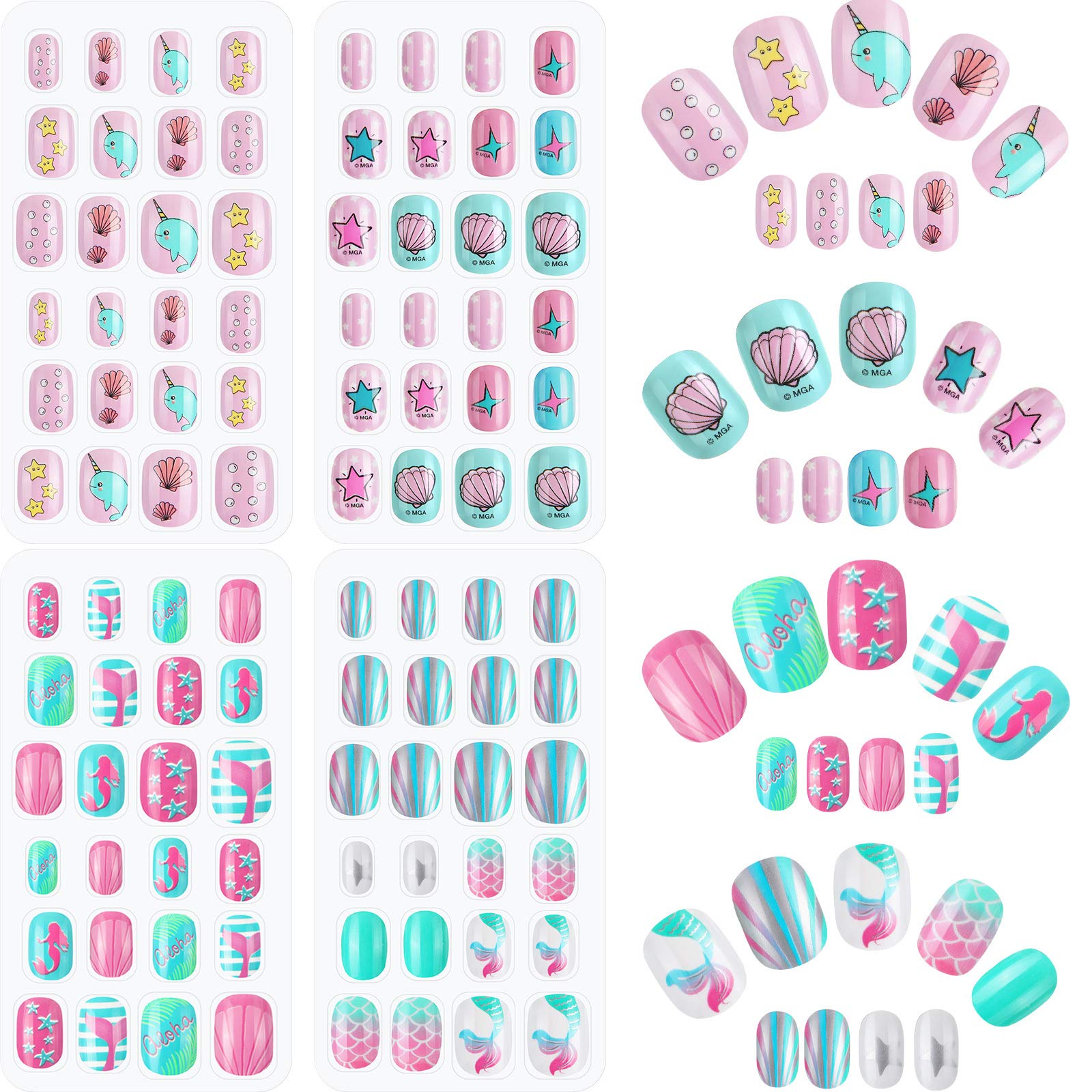 96 Pieces Children Girls Press on Nails False Cartoon Pre-Glue Fake Nails Kids Full Cover Colorful Nail Tips Short Glitter Gradient Fake Nails for Kids Girls DIY Nail 4 Boxes (Ocean Series)