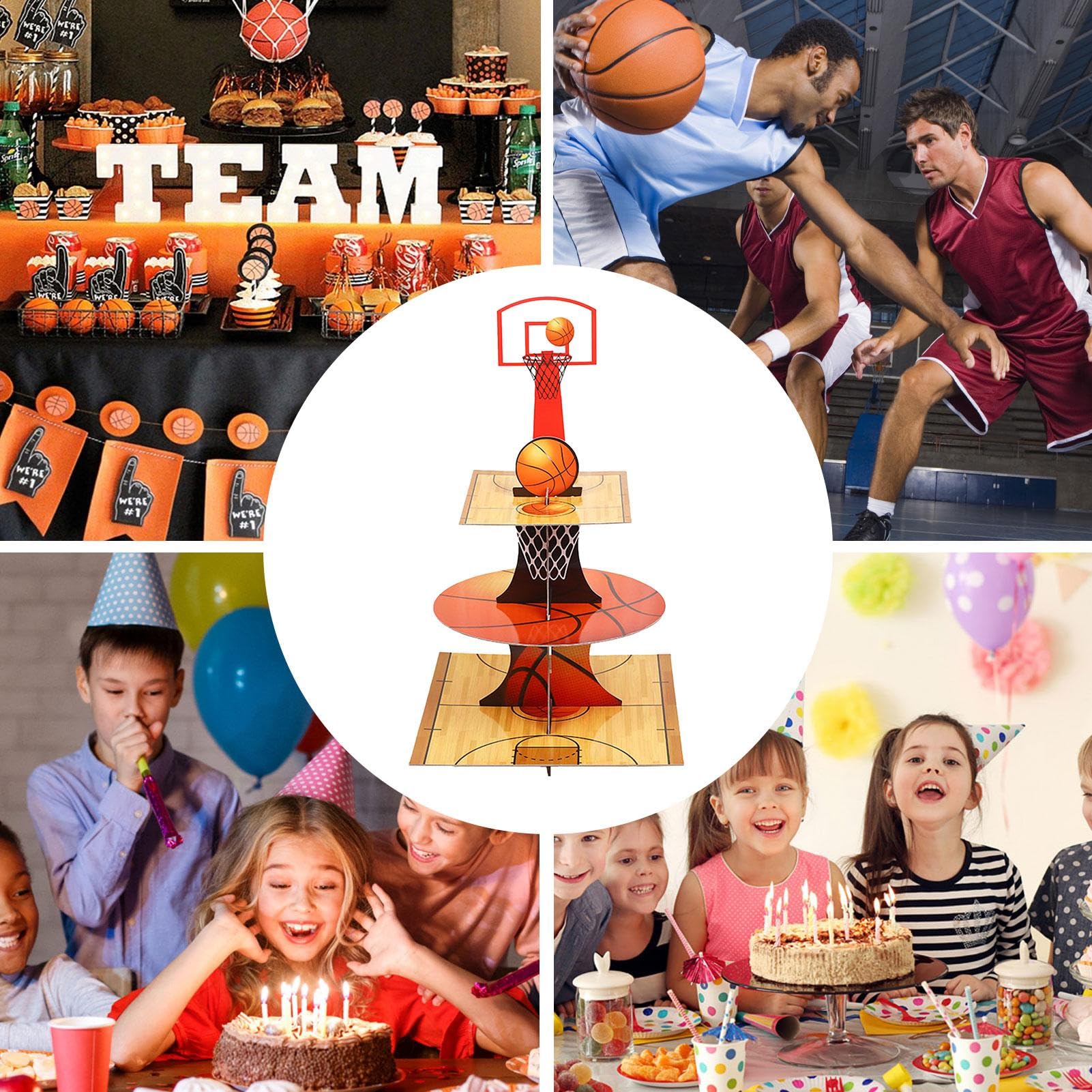Alzata per cupcake a 3 livelli, a tema pallacanestro, espositore per dessert e dessert, antiscivolo, decorazione a tema basket per bambini