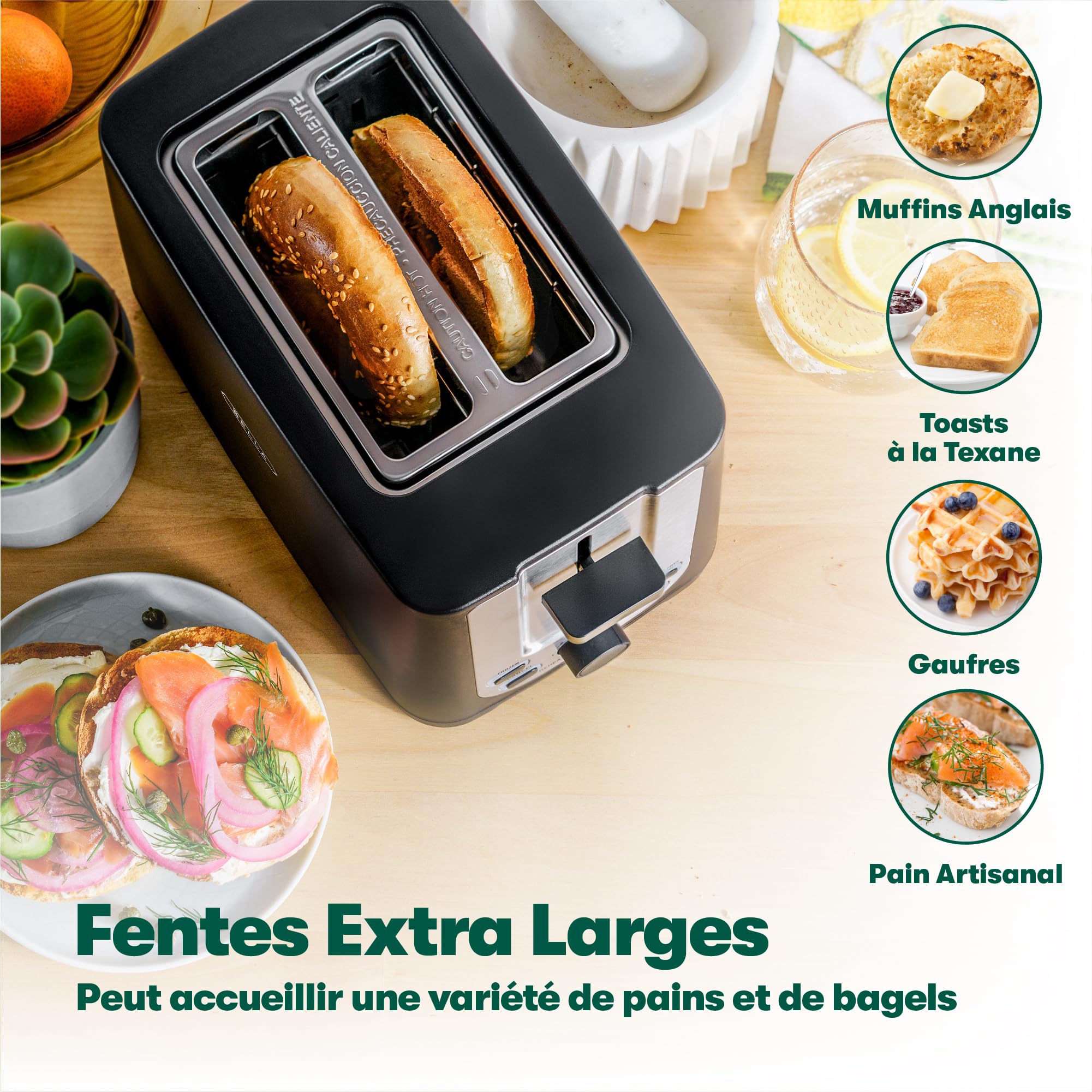 bella Tostapane a 2 fette con spegnimento automatico, fessure extra larghe, vassoio raccoglibriciole rimovibile, scongelamento e riscaldamento - pane tostato, bagel e waffle, nero