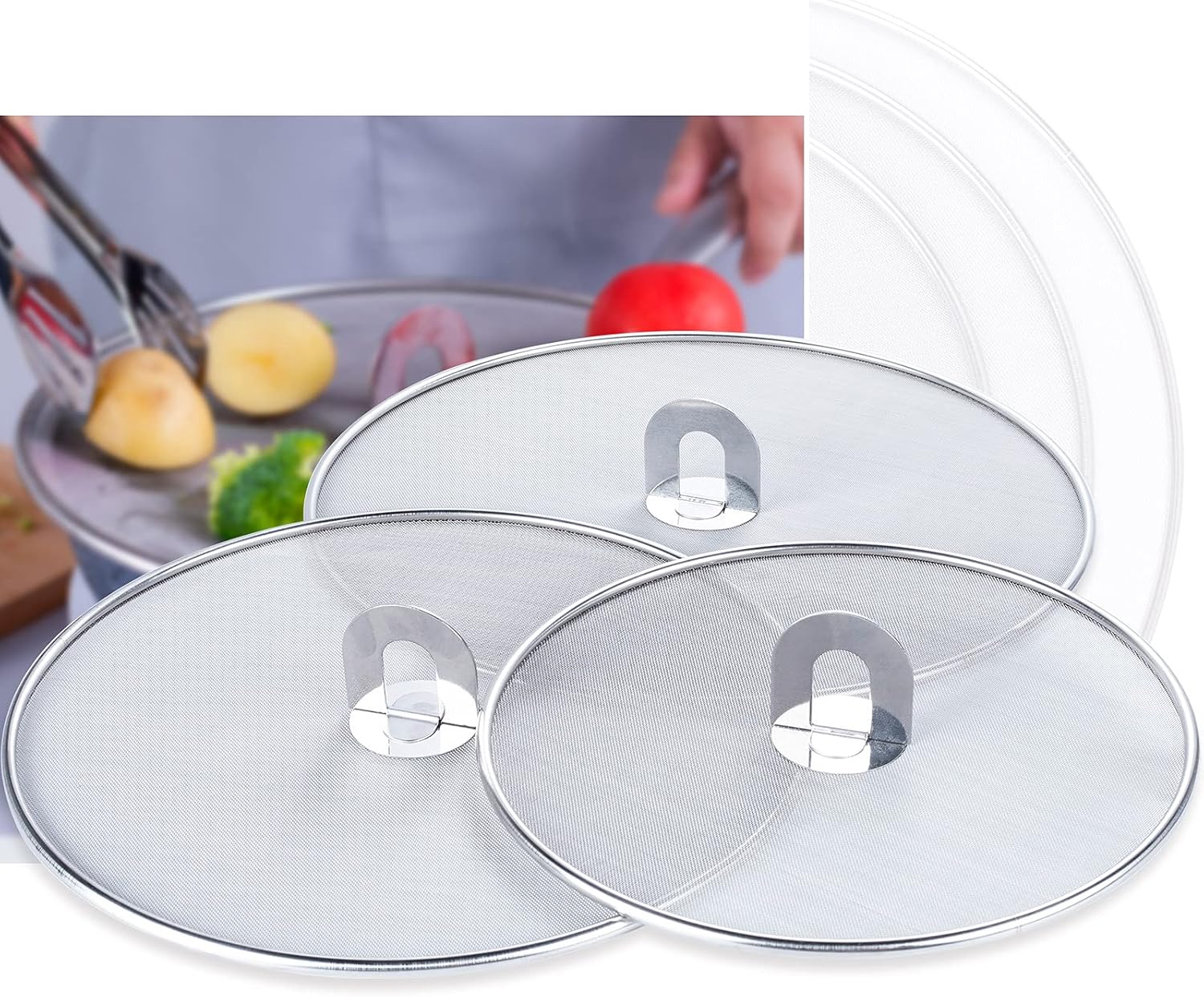 NewFamily Grease Splatter Screen for Frying Pan with Fold Flat Knob Fine Mesh Oil Splash Guard Skillet Splatter Shield Oil Catcher Skillet Lid for Cooking Set of 3 in 10"+11.5"+13"
