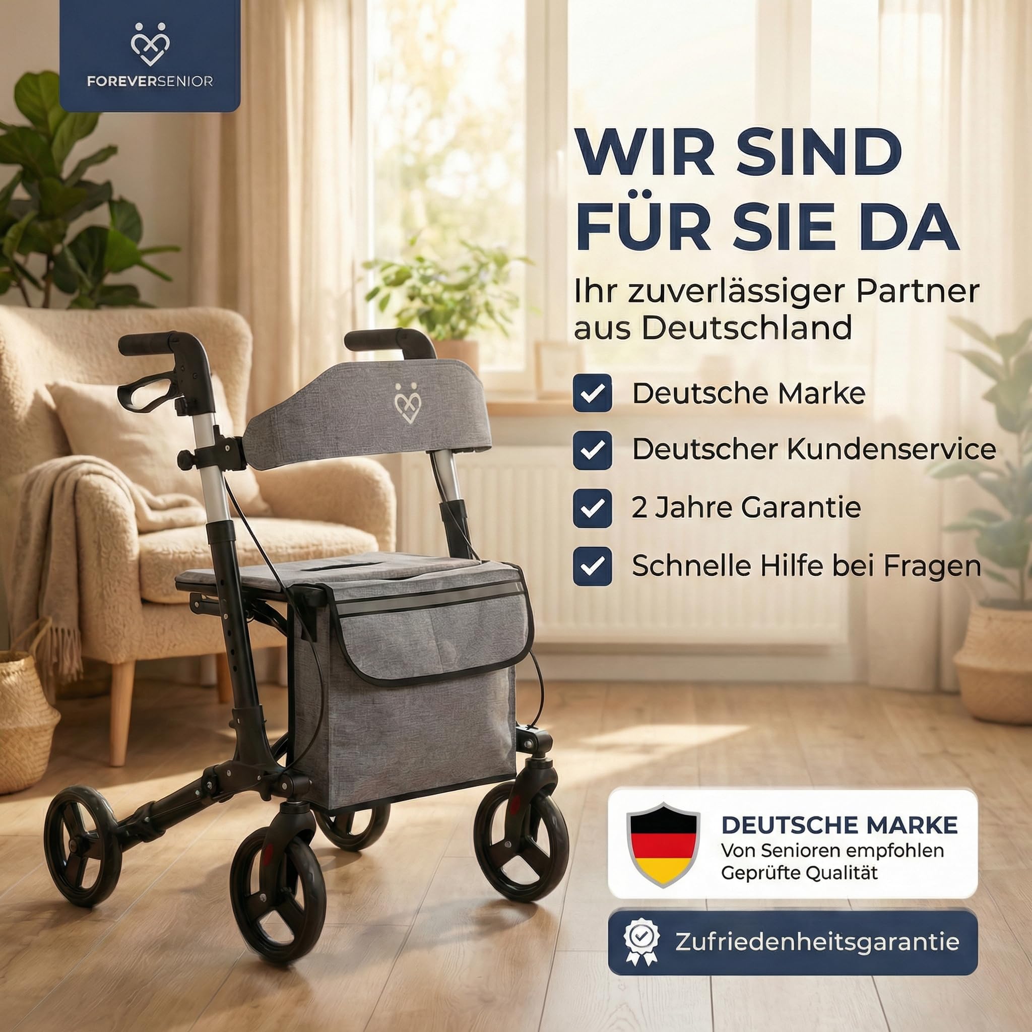 Rollator - 3-fach faltbar und leicht mit Sitz und All Gelände Reifen, schmaler 7,2kg Reiserollator zum Klappen für Senioren