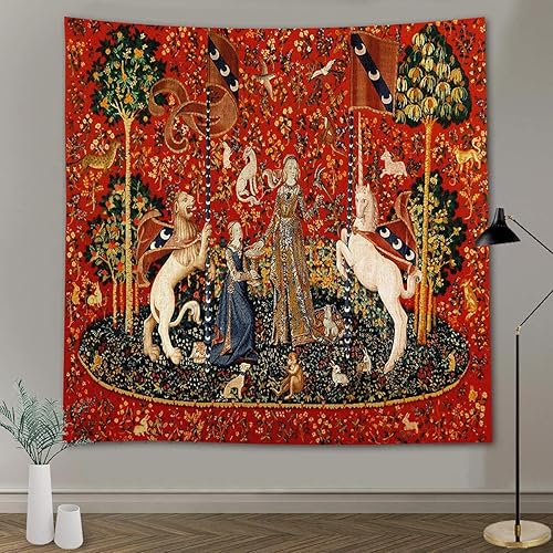 Miniatura 9 de FEASRT Tapiz medieval de princesa de doncella y unicornio, tapiz real europeo, 60 x 51 pulgadas, franela suave, para sala de estar, decoración de