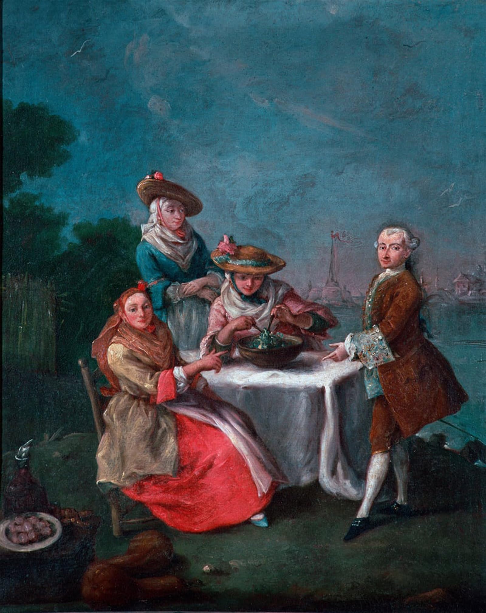 POSTERIIk Vintage Print Pop Art Landscape Artwork Women in Travel Suits One of Them Seasoned the Salad by Pietro Longhi Art Prints for Office Home Decor 60x90cm