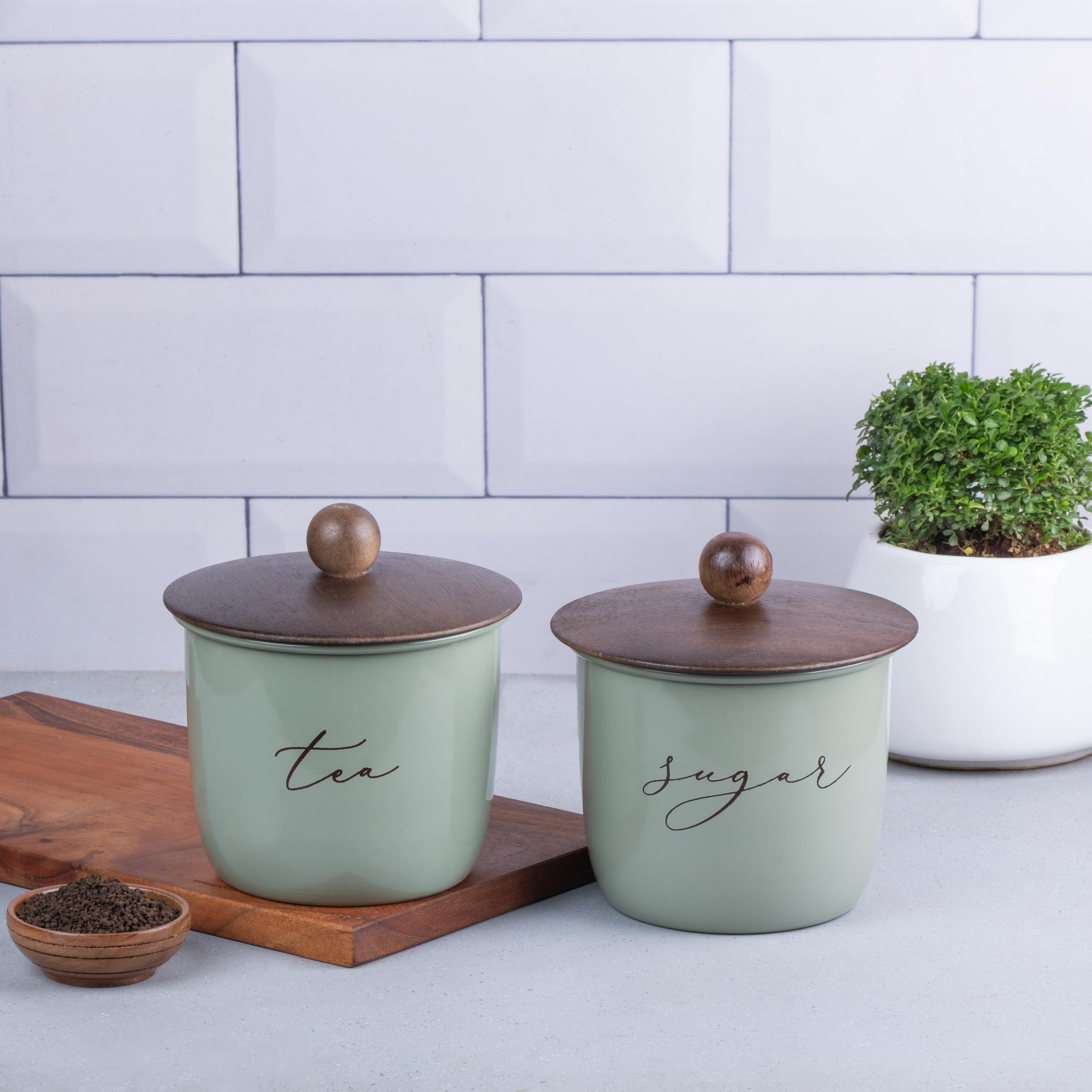 Metallure Home New Elegant Airtight (Small Size - 725 ml) Container Set | Sugar Tea Container Set of 2 | Metal and Wood Lid Container for Kitchen Storage | Food-Safe Jar Set for Kitchen (Green)