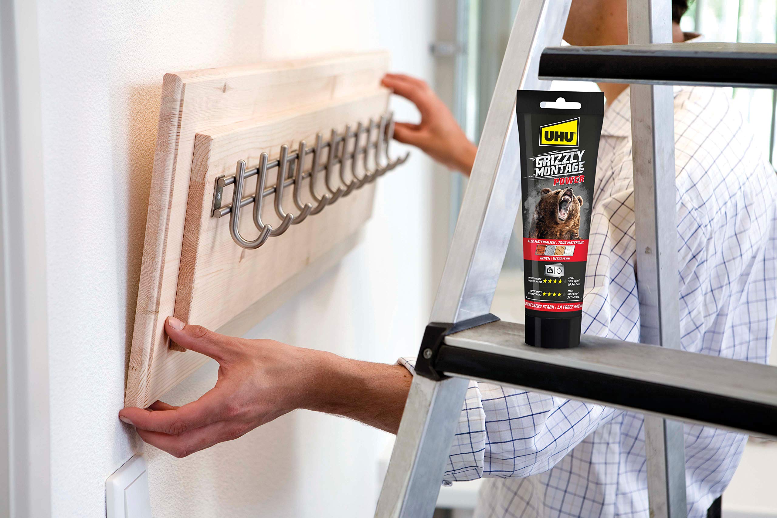 UHU Grizzly Power - Colle De Fixation Et Montage Ultra Forte - Tous Matériaux & Surfaces Intérieures - Prise Initiale Très Élevée - Sans Solvants - Blanche - Tube 250 g