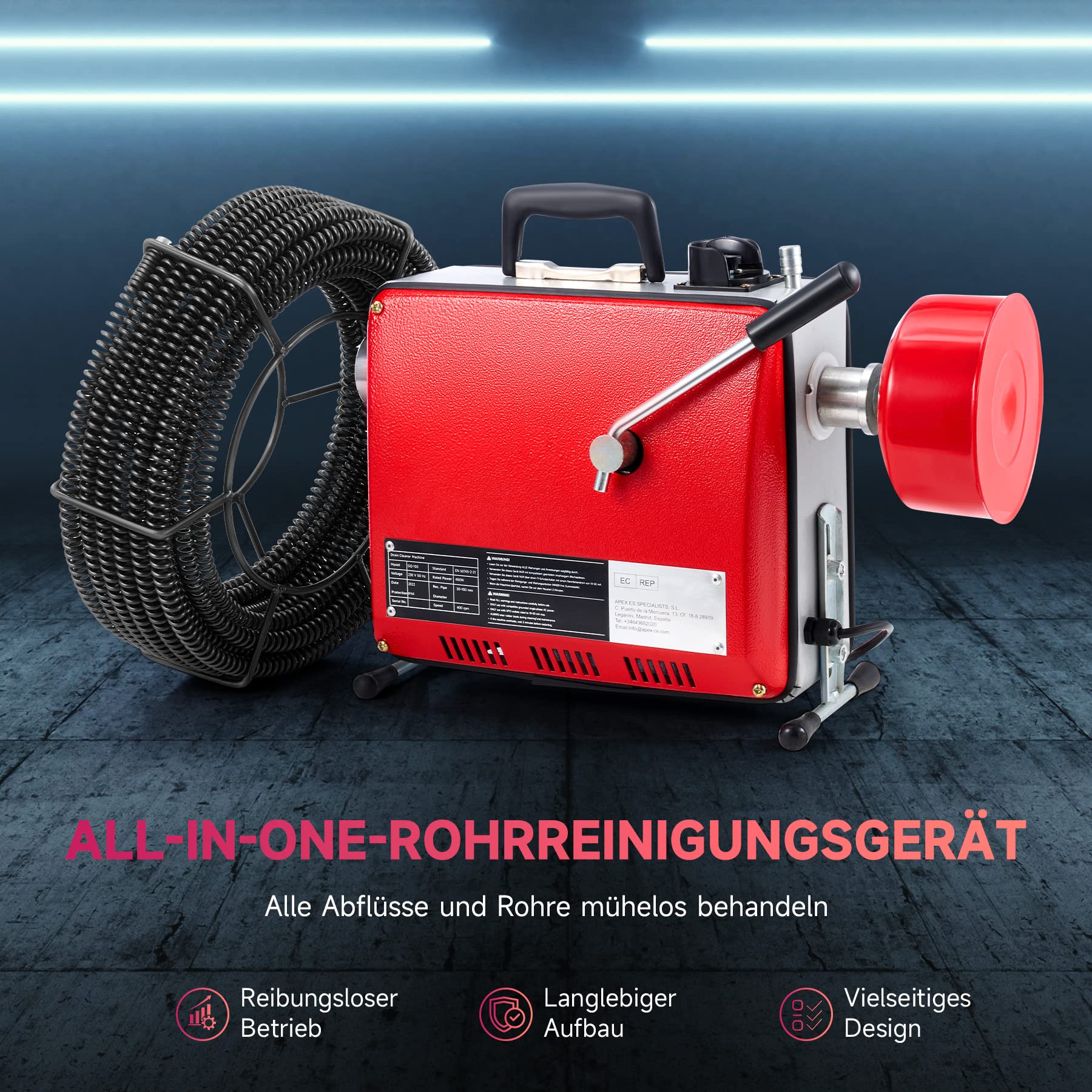 Rohrreinigungsmaschine 850W mit 22m 16mm,14m 22mm, 5m 10mm Spirale für 20-200mm Rohrleitungen, 12 Köpfe, Rohrreinigungsgerät 450U/M Elektrische Rohrreiniger Reinigung Abflussreiniger