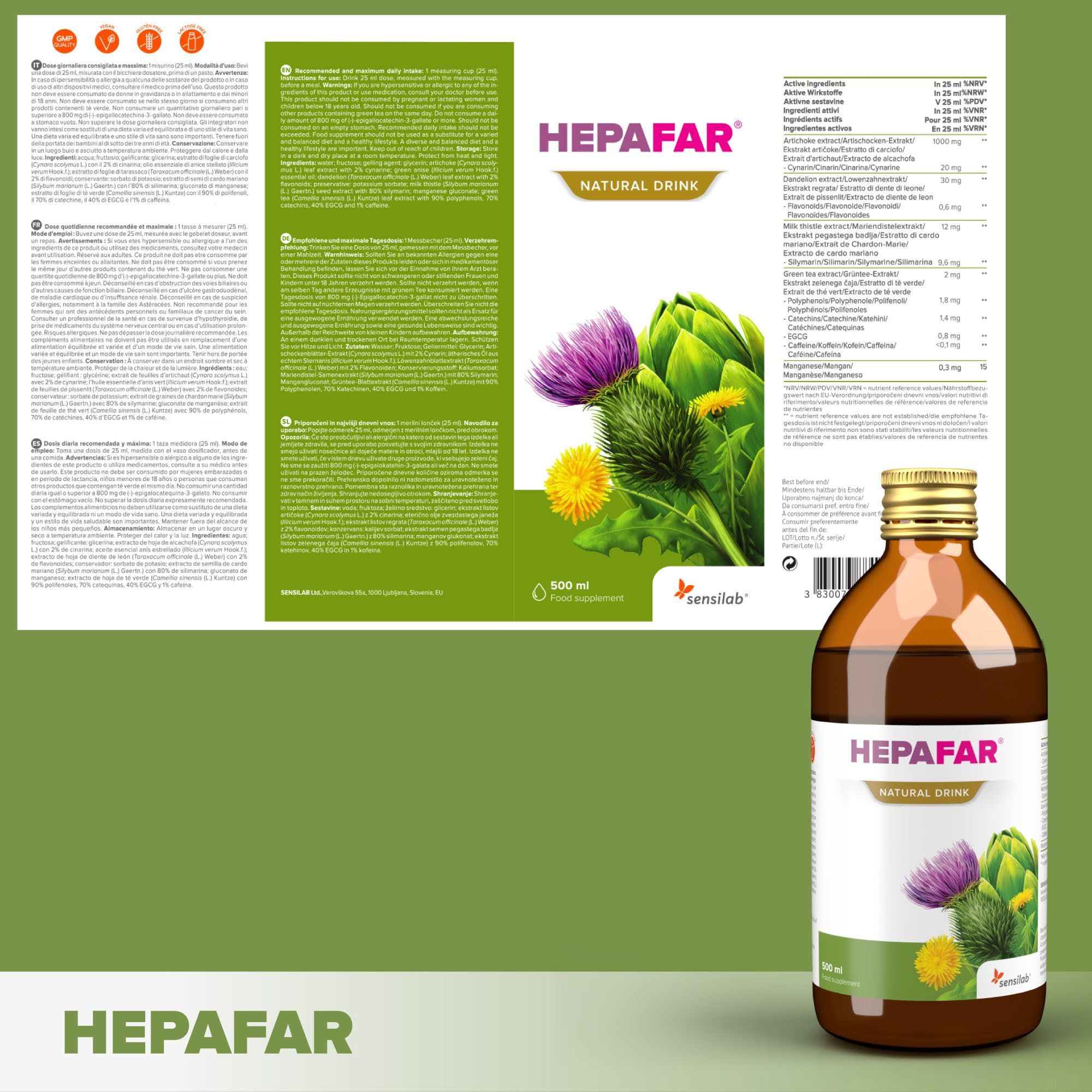 Sensilab Hepafar Natural Liver Drink - Chardon-Marie, 500 ml | Thé Vert, Pissenlit, Artichaut, le Manganèse contribue à protéger les Cellules du Stress Oxydatif, 20 Jours