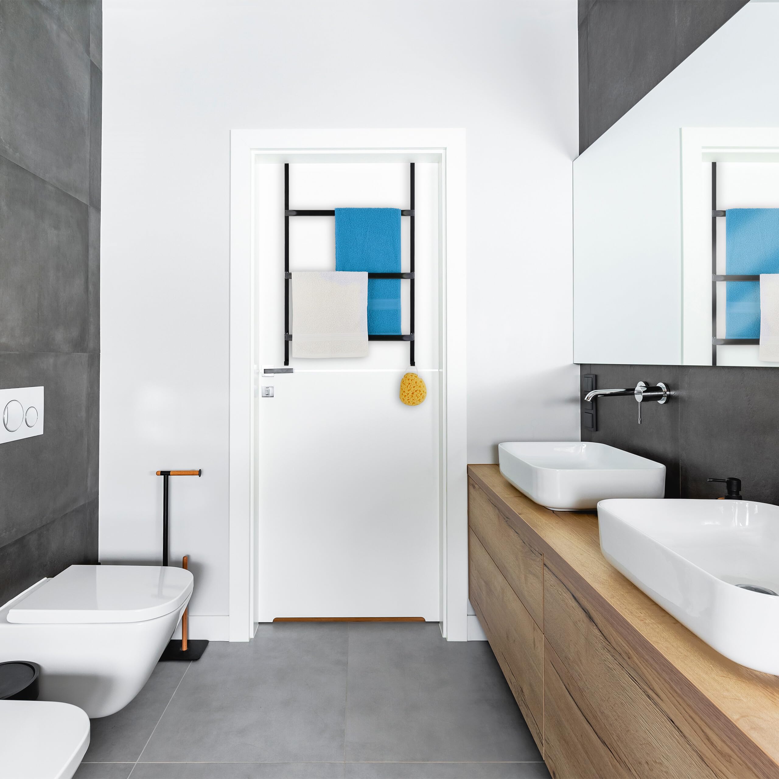 Relaxdays Toallero para Puerta 3 Barras, sin Taladrar, con 2 Ganchos, 85 x 54,5 x 15 cm, Colgador Toallas, Acero, Negro