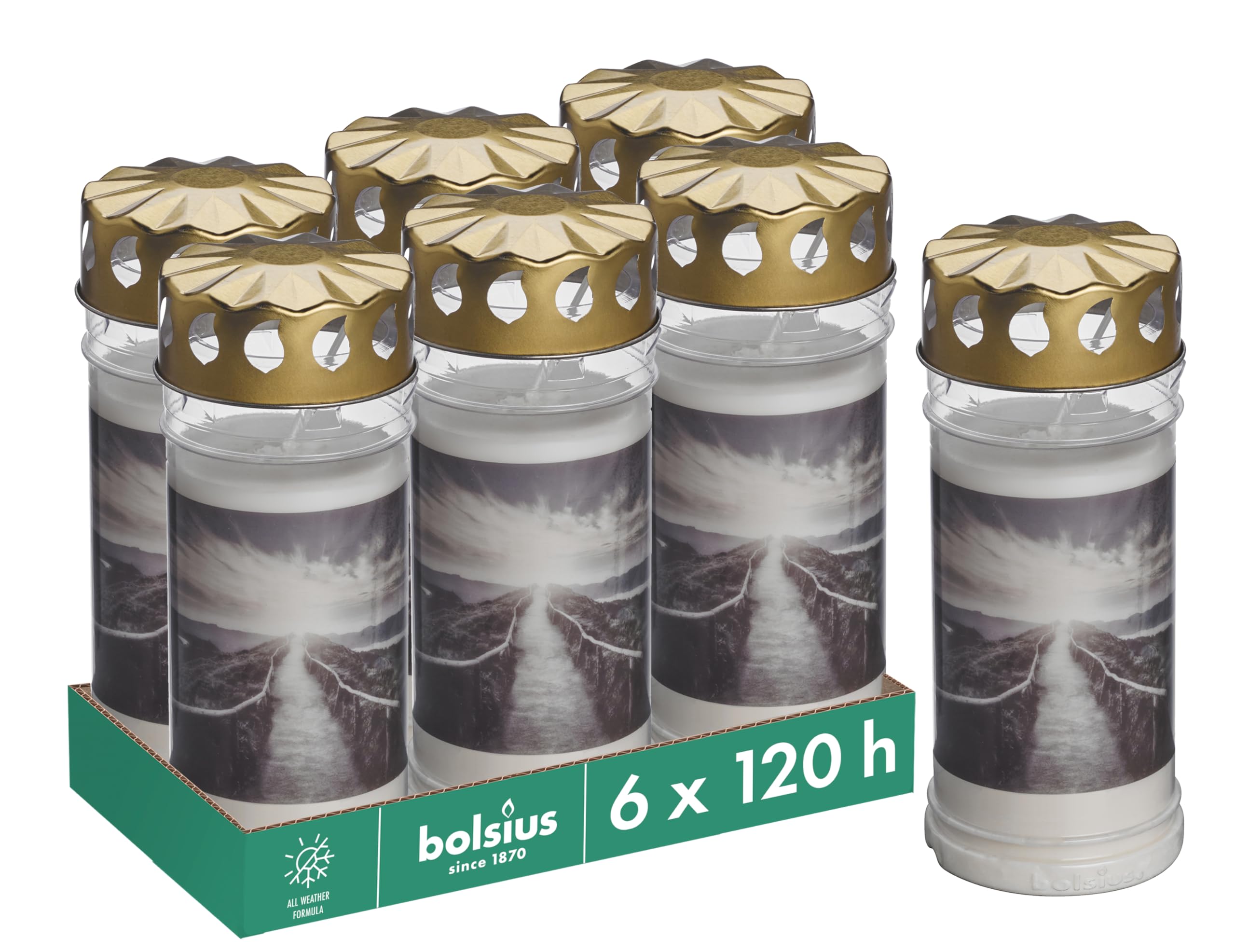 Bolsius Grave Light – White – Pack of 6 – Length Burning Time 120 Hours – Funeral Candle & Memorial Candles – with Motif – Mountain – Unscented – Without Palm Oil – No. 5
