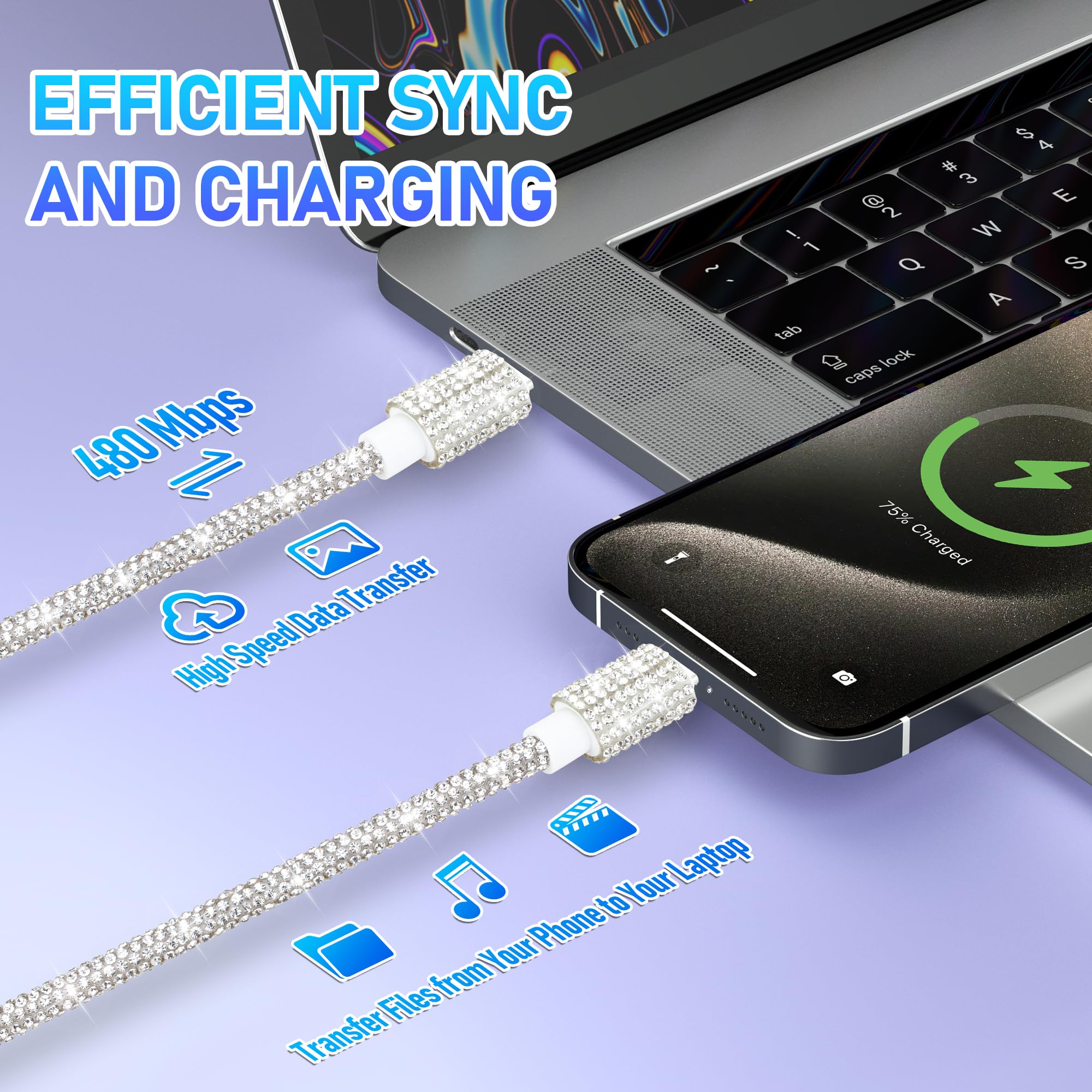 Cavo di ricarica rapida da USB C a USB C, cavo di tipo C per iPhone 16 Plus Pro Max, in nylon intrecciato con strass, per iPhone 16E, 15 Plus, Pro Max, iPad Air, Samsung S25, S24