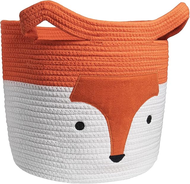 Woven Rope Basket, Laundry Basket Kids, Toy Storage Basket, Cartoon Fox Face Laundry Hamper Nursery Storage Basket for Kids, Pets Storage Organiser for Toys, Clothes, Orange and White (35*30*30cm)