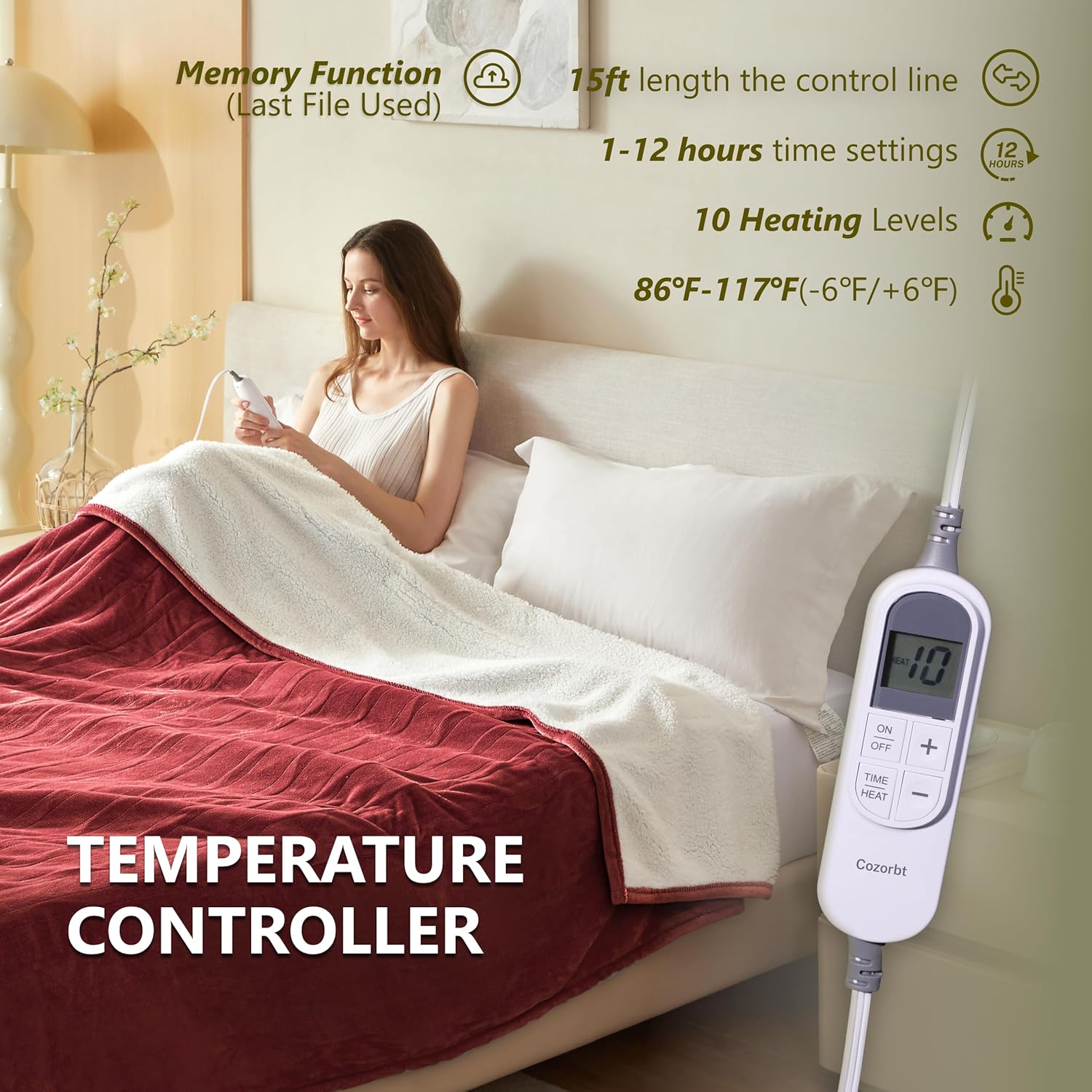 Heat Blanket 50”x60” Throw,Soft Flannel & Sherpa Reversible Electric Blanket with 10 Heat Settings,12 Timer Setting and 3 Hours Auto-Shut Off,ETL Certified Machine Washable,Red - Image 5