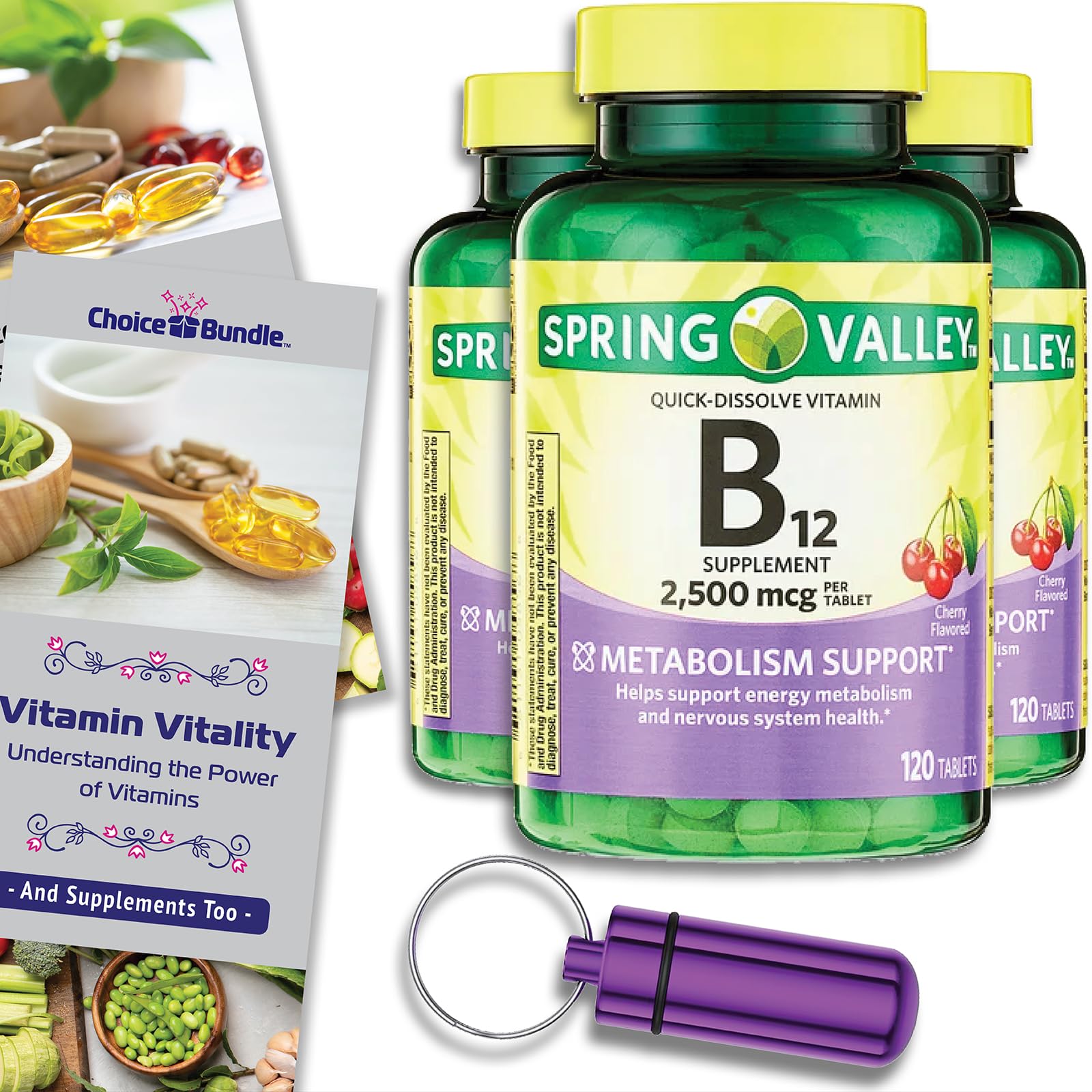 Spring Valley Vitamin B12 Quick Dissolve Tablets Dietary Supplement 2,500 Mcg Cherry Flavor 120 Ct 3 pk (360 Total) + “Vitamin Vitality” Guide & Pill Container (5 Items)!