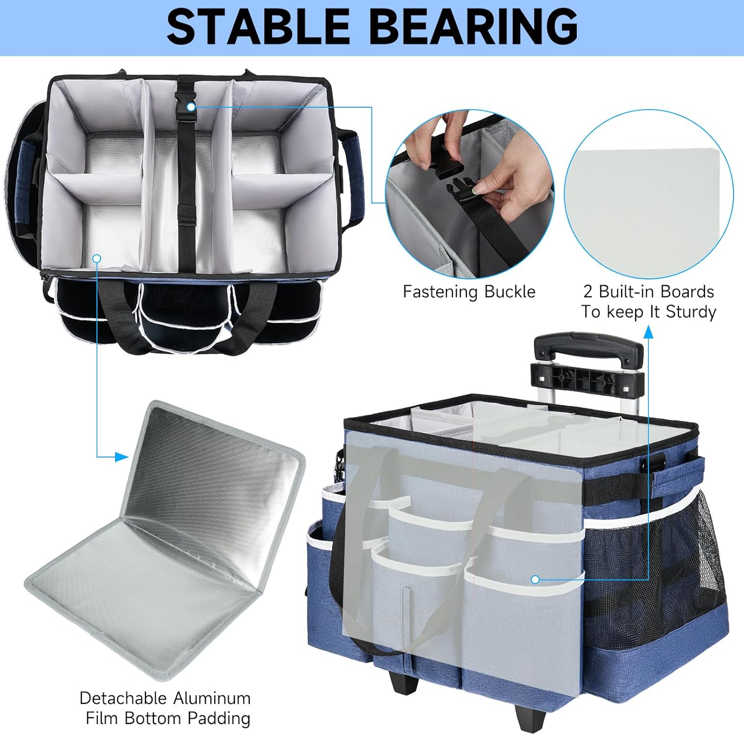 Large Rolling Cleaning Caddy Bag with Detachable Trolley,Cleaning Cart on Wheels with Shoulder Strap,Cleaning Supplies Organizer for Housekeepers,Blue