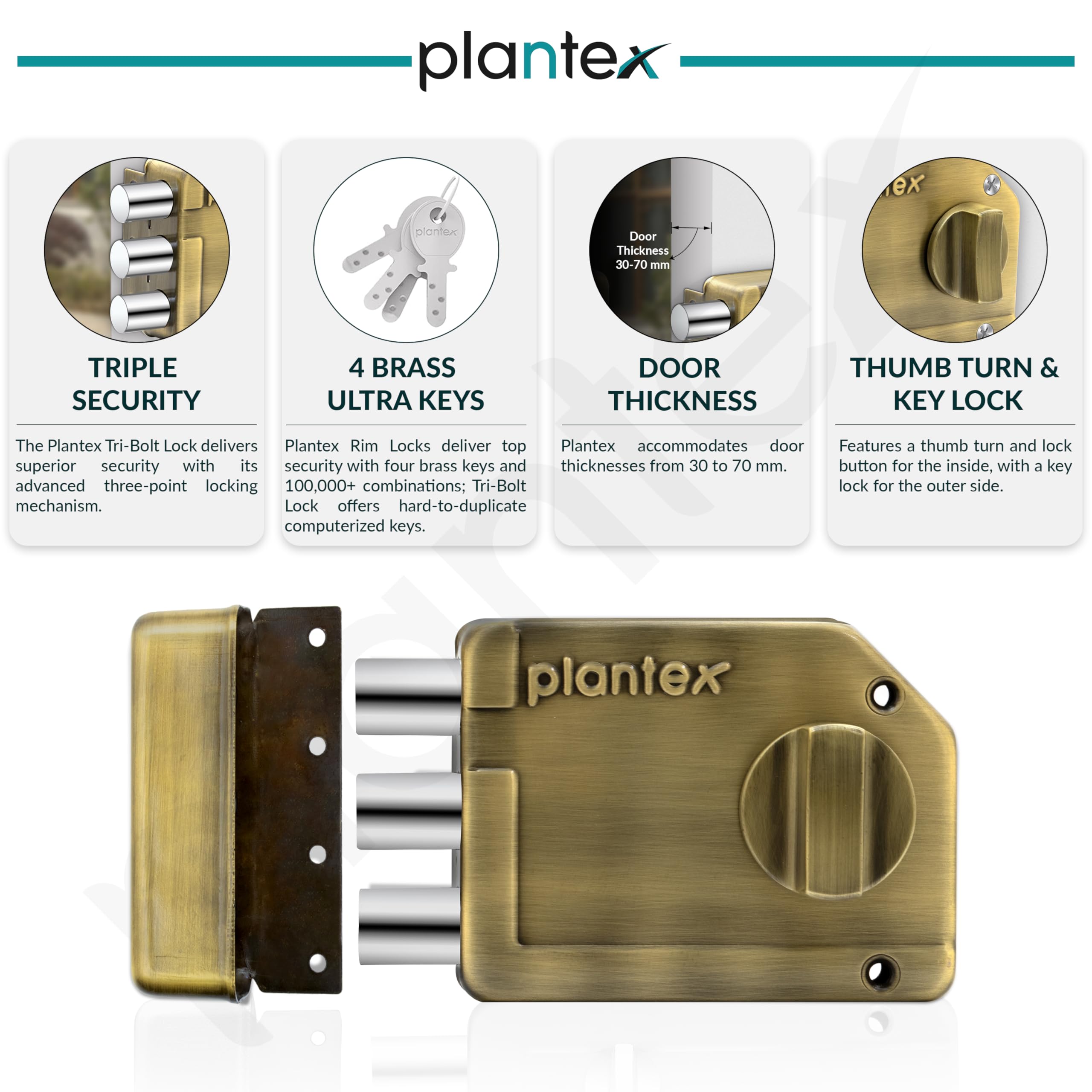 Plantex Tri-Bolt Lock for Main Door/Heavy Duty Door Lock with 4 Keys/Suitable on Single Door for Home/Office/Hotel - Pack of 1 (Brass Antique) — Amazon image 3