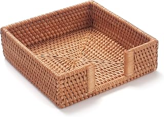 YANGQIHOME Square Rattan Napkin Holder 7.5x7.5x2.5in - Handwoven Wicker Tray for Kitchen Dining Table Bathroom Farmhouse Decor