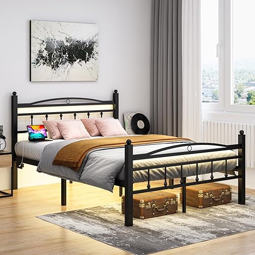 Miniatura 8 de Marco de cama tamaño completo con cabecero, marco de cama de plataforma de metal con estación de carga y luces LED, espacio de almacenamiento de 12