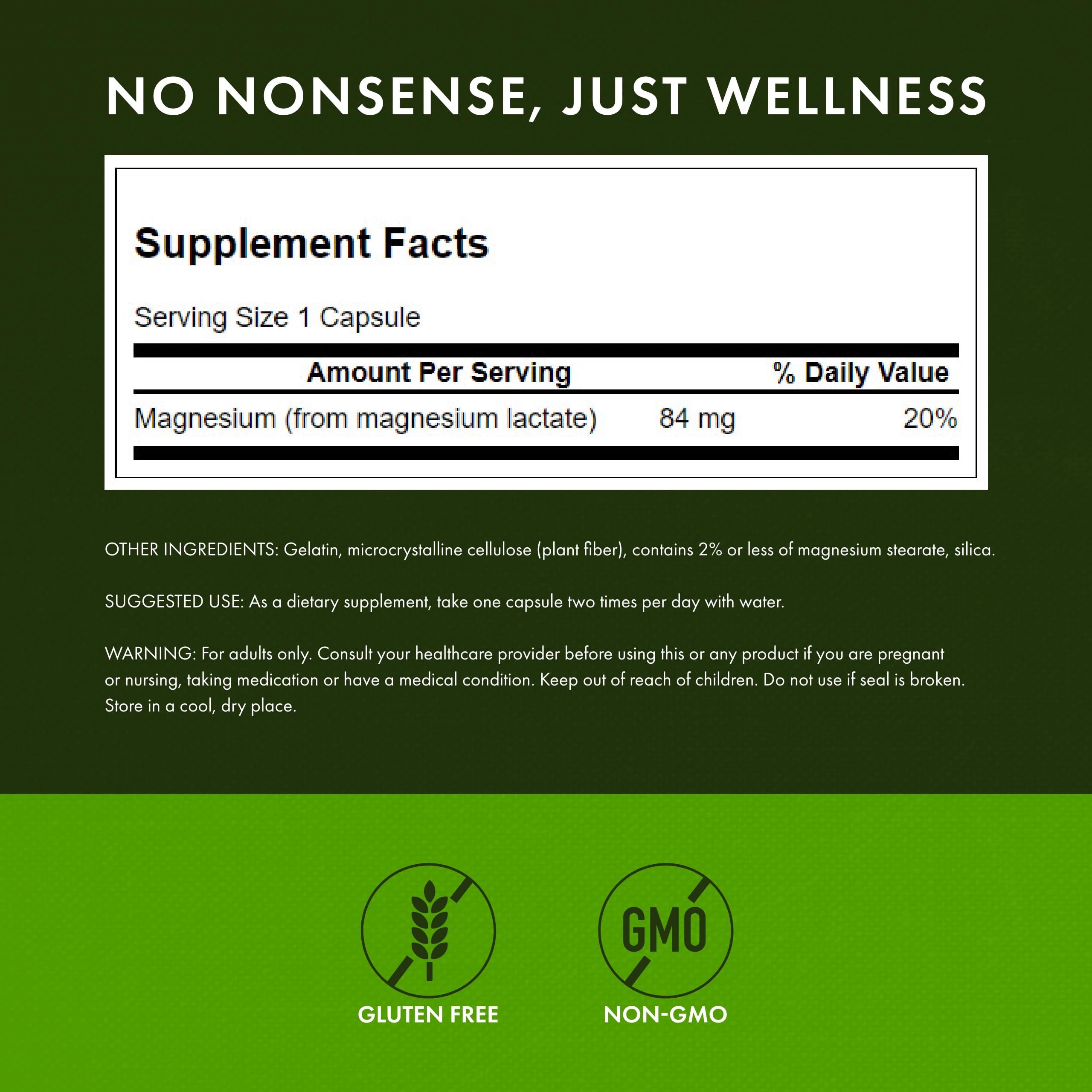 Swanson Magnesium Lactate Lactose-Free, 84 mg, 120 Capsules, 2 Pack — Amazon image 2