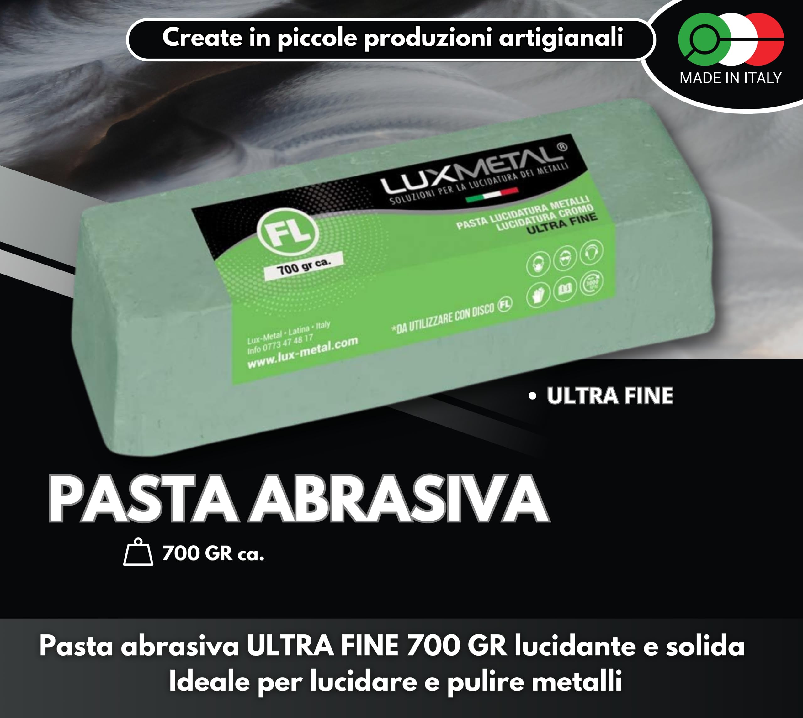 Lux Metal Pasta Abrasiva Lucidante Verde Ultra Fine 700 gr Lucidatura Metalli Cera Per Lucidare Acciaio Inox Alluminio Ferro Lucida Cromature Legno Plexiglass Solida Marmo Ottone Rame Plastica Resina
