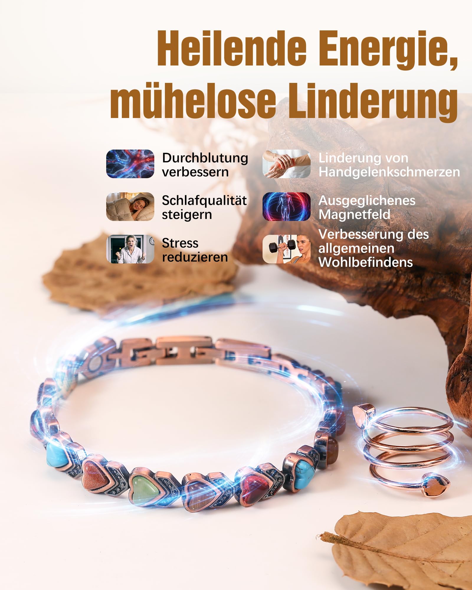 Jeracol Kupferarmband Damen mit Magneten – Verstellbares Magnetarmband Damen aus 99,9 % reinem Kupfer, Geschenkbox