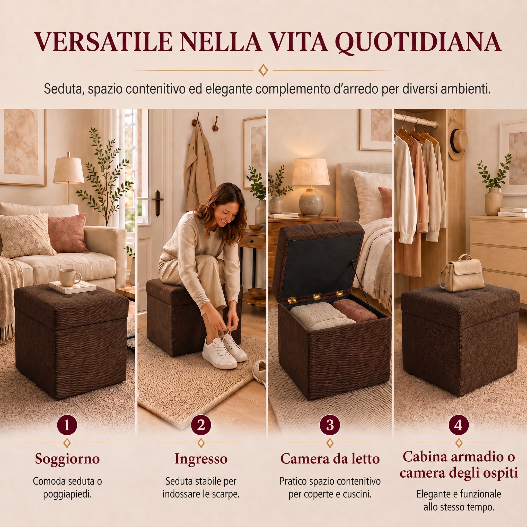VELORA H&L Pouf Contenitore 45 x 45 cm Marrone scuro – Pouf Imbottito in Tessuto con Vano Portaoggetti, Portata fino a 150 kg, per Soggiorno, Camera da Letto e Ingresso