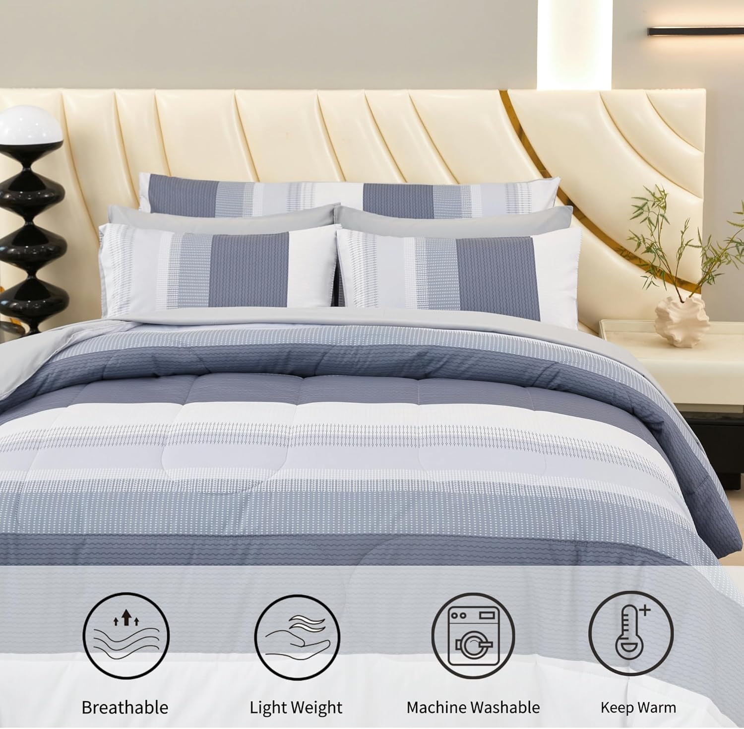 RYNGHIPY Full Size Bed Sets 8 Pieces: Light Grey Stripe Bedding Comforter Sets Soft Fluffy Microfiber Bed in A Bag All Season Bedding Set (Full,Light Grey) - Image 3