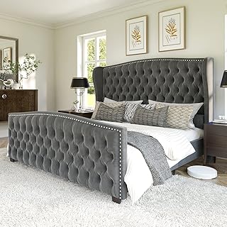 AMERLIFE Queen Size Platform Bed Frame, Velvet Upholstered Bed with Deep Button Tufted & Nailhead Trim Wingback Headboard/No Box Spring Needed/Grey