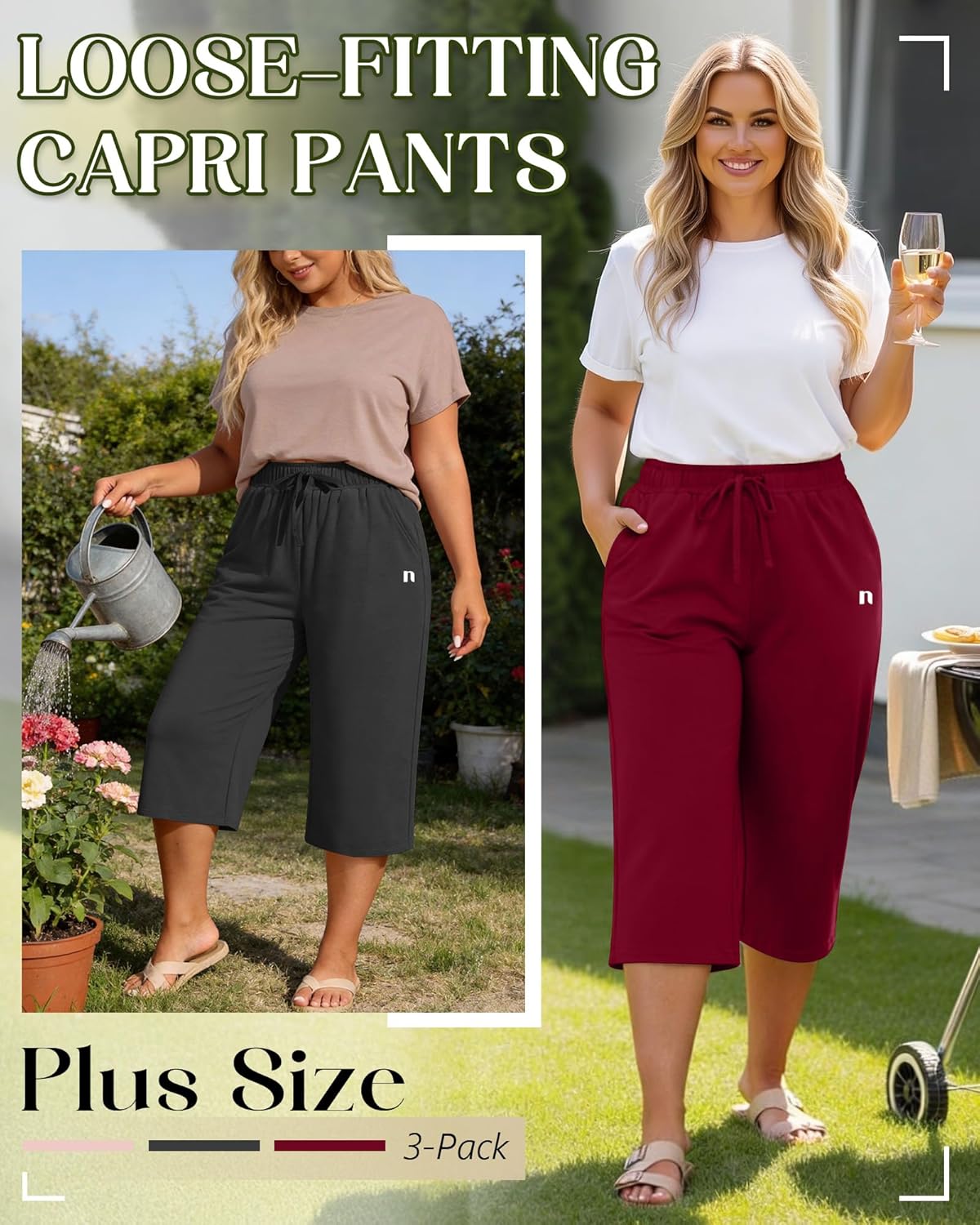 Neer 3 Pack Women's Plus Size Capris,Wide Leg Loose Pants Casual Drawstring Capri Sweatpants Drawstring Pants with Pockets - Image 4