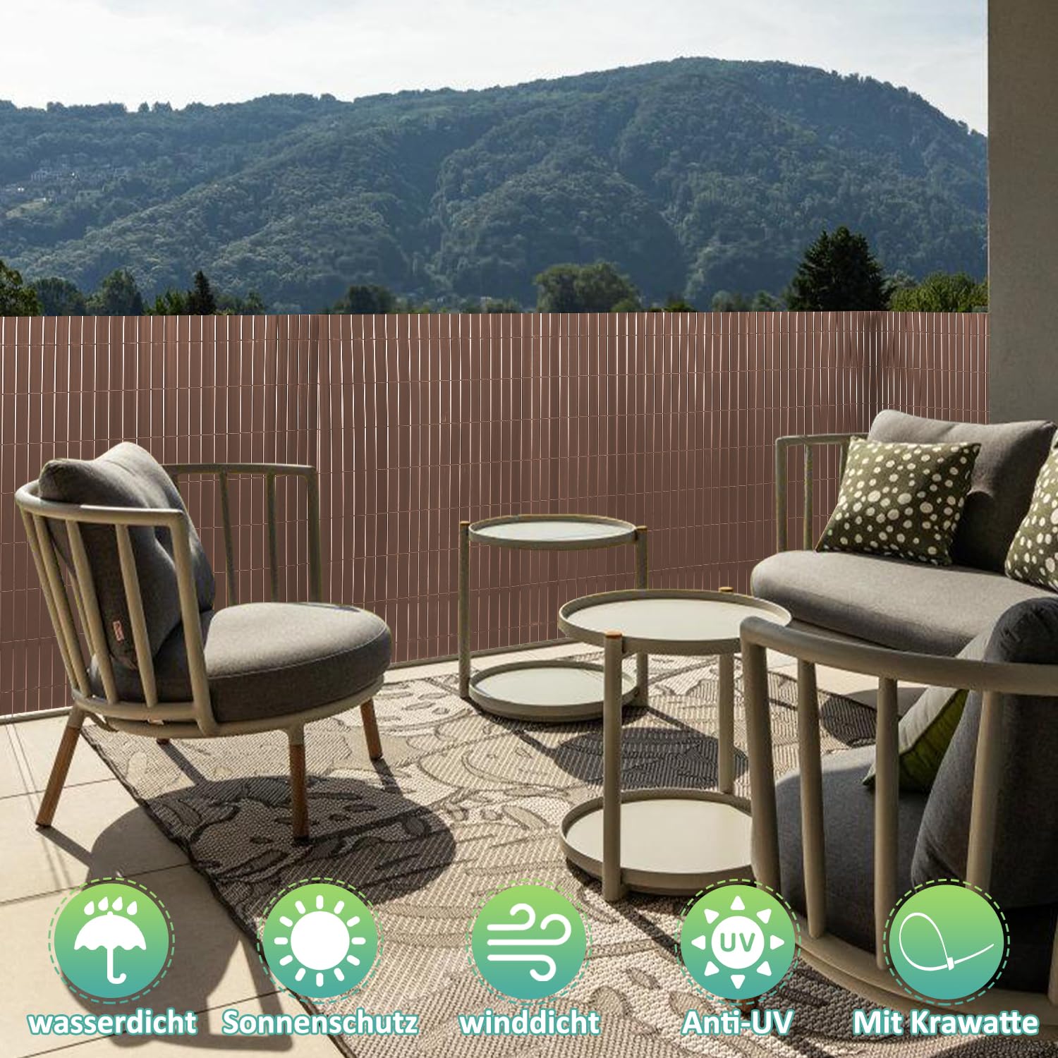 Mata z tworzywa PCW, brązowa, falista, łatwa do czyszczenia, trwała, ochrona przed wzrokiem, na balkon i taras, odporna na warunki atmosferyczne, idealna do ogrodu i na patio
