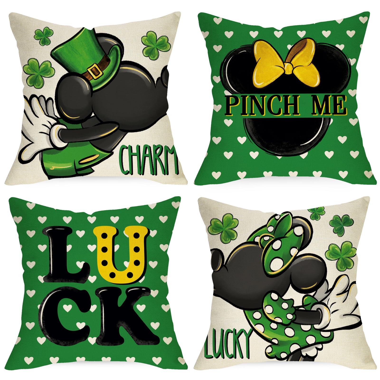 St. Patrick's Day Cartoon Mouse Decorative Throw Pillow Covers 18 x 18 Set of 4, Luck Shamrock Clover Love Hearts Cushion Case Decor, Pinch Me Charm Irish Holiday Home Decoration for Sofa Couch