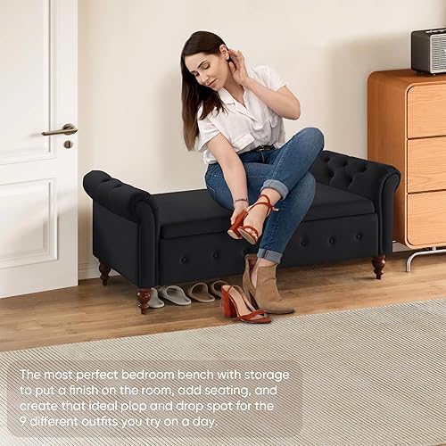 Miniatura 8 de Banco de almacenamiento para dormitorio, banco de pie de cama, tamaño King, largo y moderno tapizado de terciopelo, bancos otomanos con brazo para