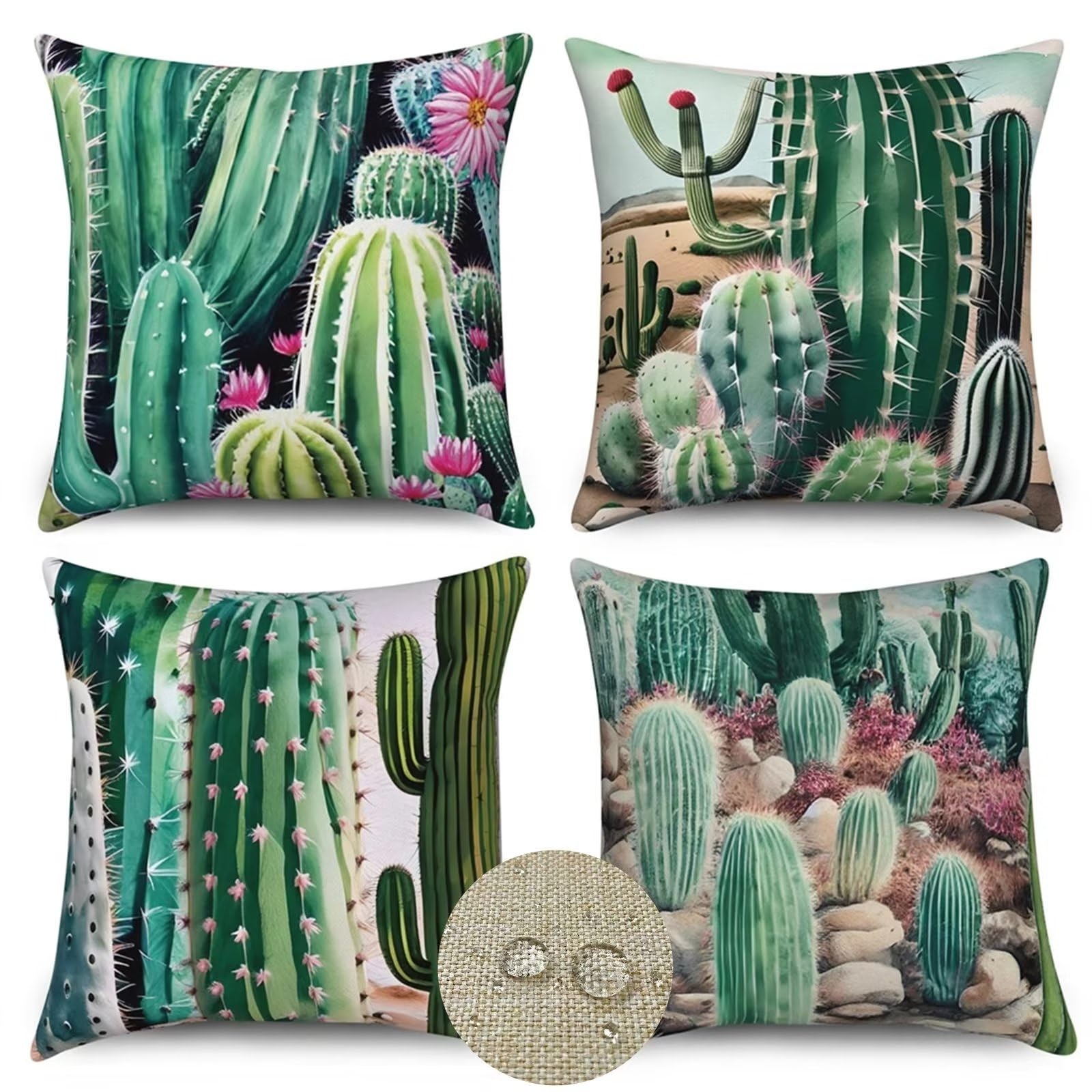 Verde Fundas Cojines Sofa 75x75cm Cuadradas Doble Cara Lino Verano Impermeable Funda Cojin Cactus Flor Exterior Almohada Cojines Decorativos para Cama Sala Estar Fundas de Cojín Juego de 4 R-7271