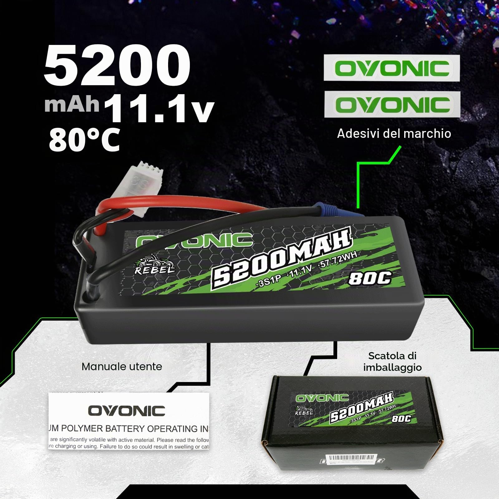 OVONIC Batteria Lipo 3s 5200mAh 80C 11.1V Custodia Rigida con Connettore EC5 per RC Auto Barca Camion Buggy Team Associato Hobby FAI DA TE
