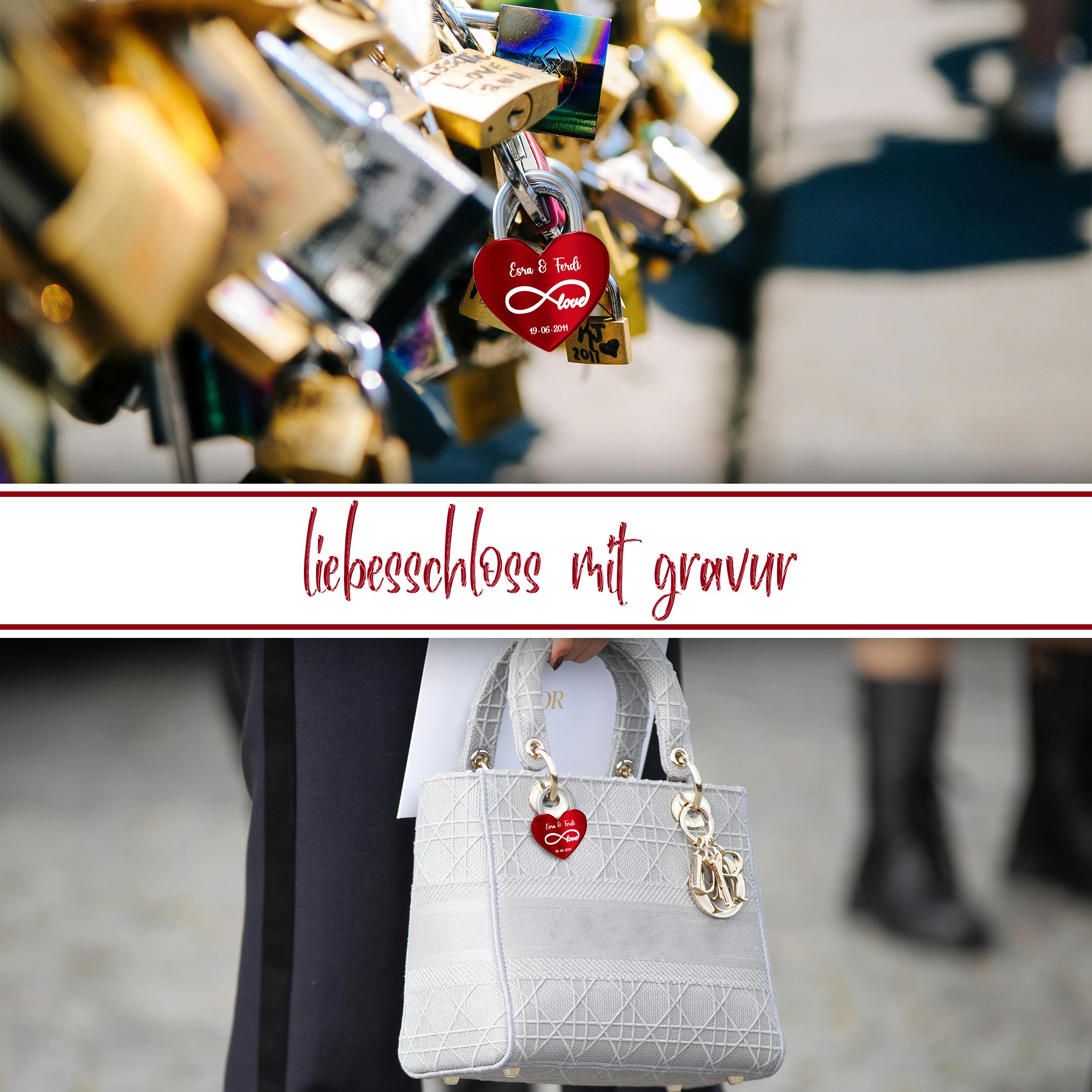 Liebesschloss mit Gravur - Rotes Schloss mit individueller Gravur, witterungsbeständig - Perfektes Liebesgeschenk für Sie und Ihn, ideal für Valentinstag