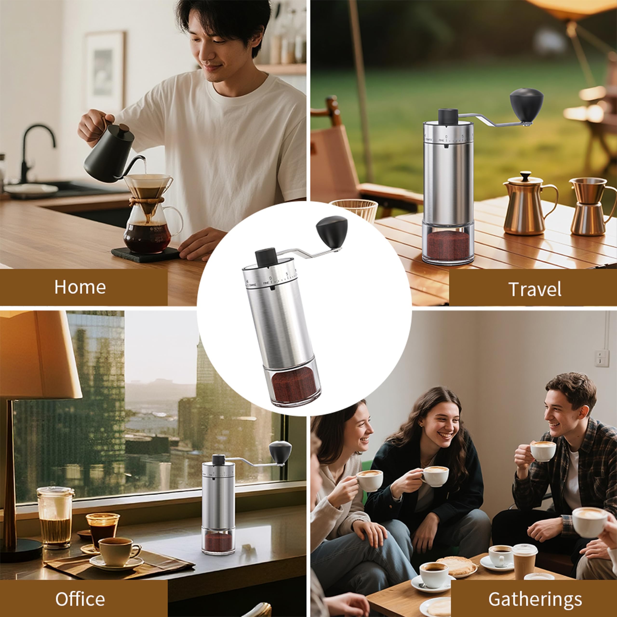 Macinacaffè portatile a forma conica per espresso e francese, con doppio cuscinetto, capacità di regolazione interna, 25 g (argento e ceramica)
