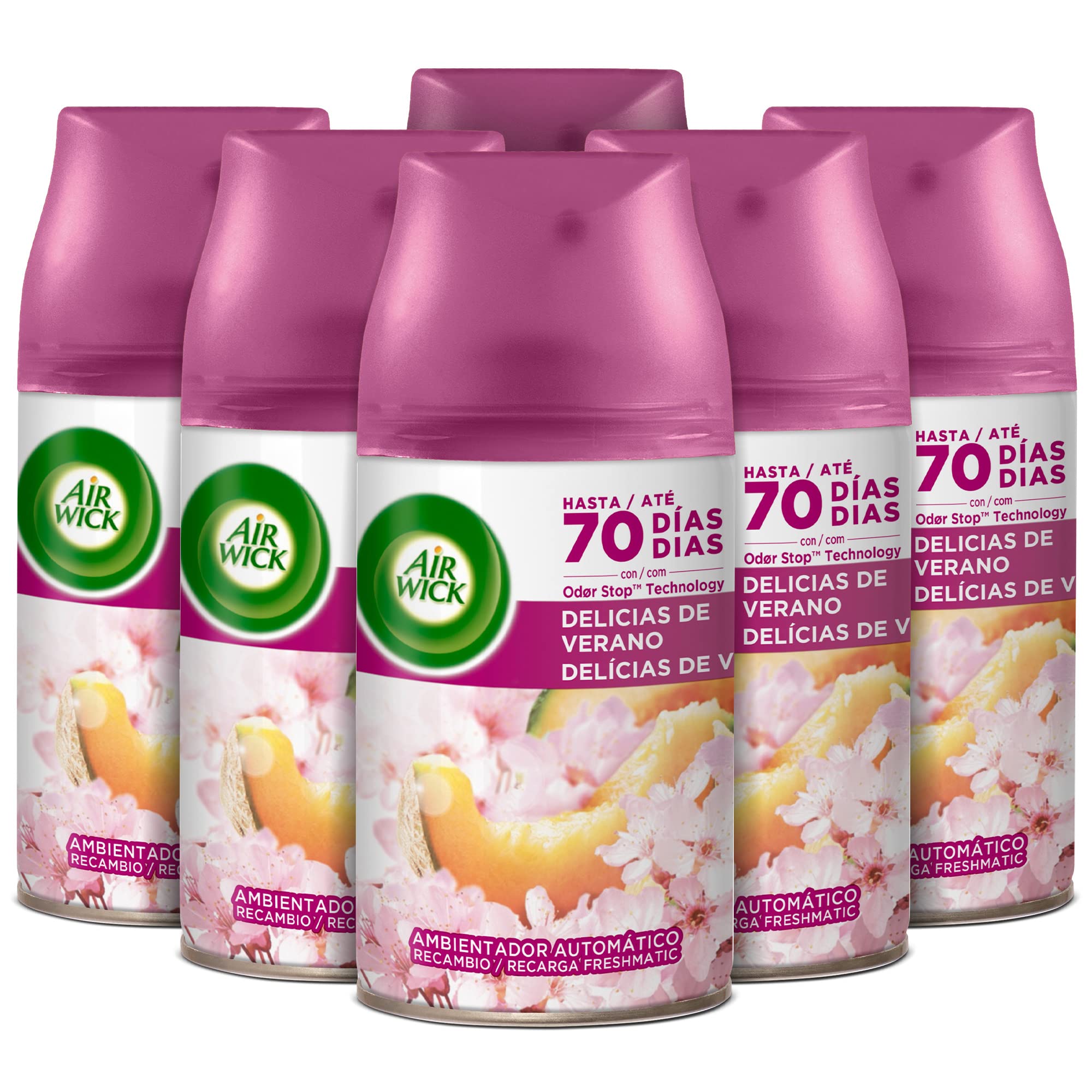 Air Wick Freshmatic Pack de 6 Recambios de Ambientador Spray Automático, Esencia para Casa con Aroma a Delicias de Verano