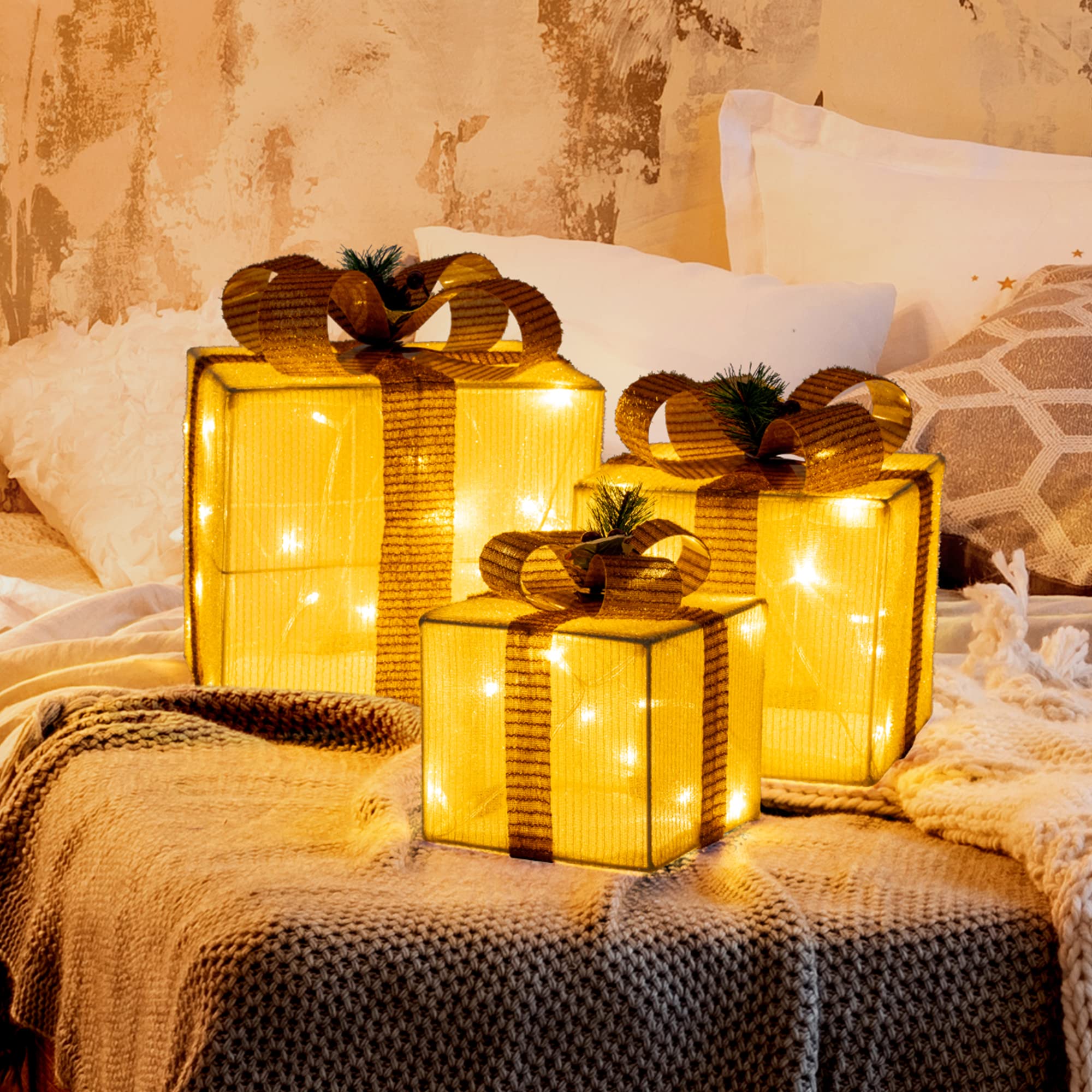 GIGALUMI Pudełko prezentowe LED, zestaw 3 sztuk, 8 trybów, 60 diod LED, świecące pudełko bożonarodzeniowe, łańcuch świetlny z wtyczką do wnętrz, żółta dekoracja bożonarodzeniowa, ciepła biel